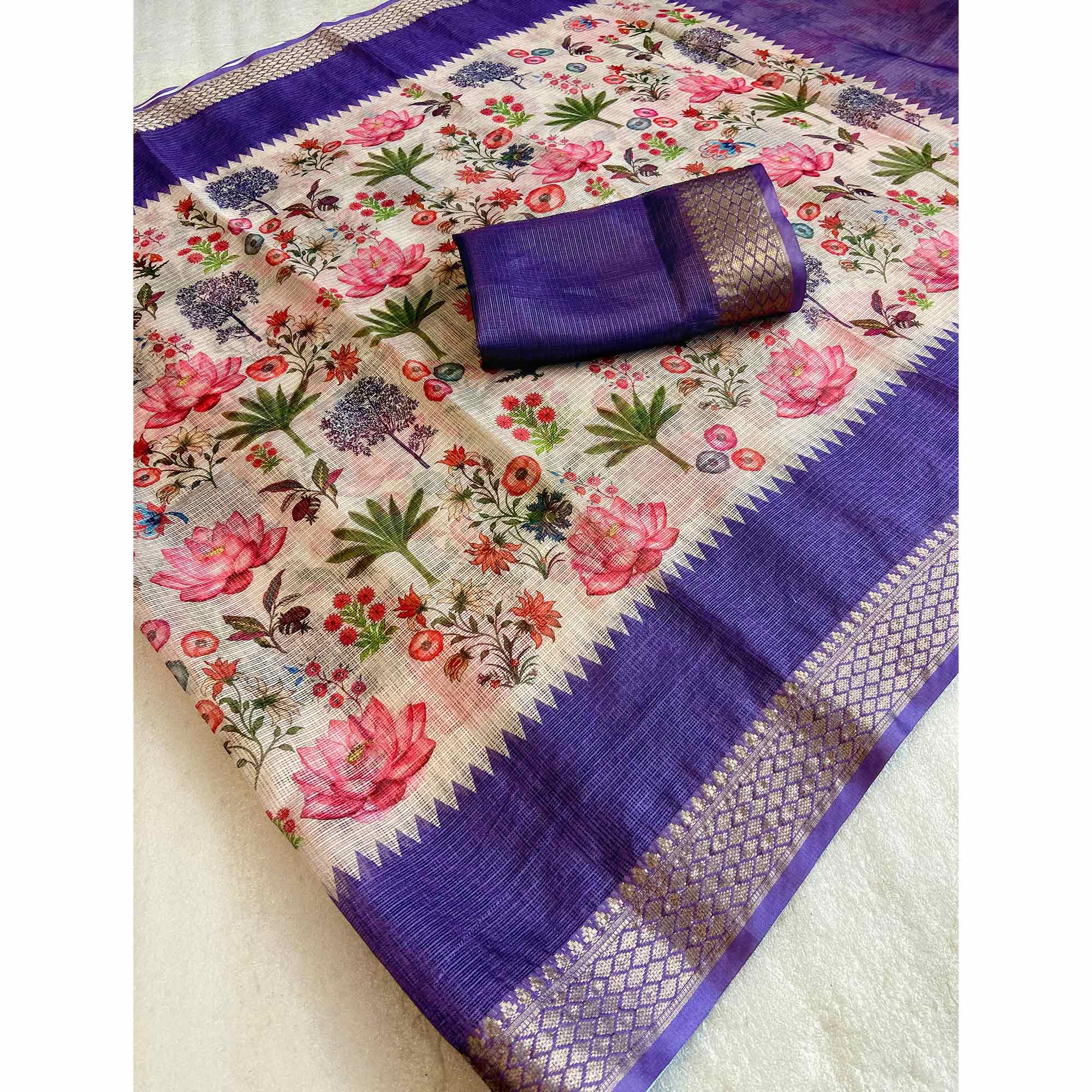 White & Violet Floral Printed Kota Doria Saree