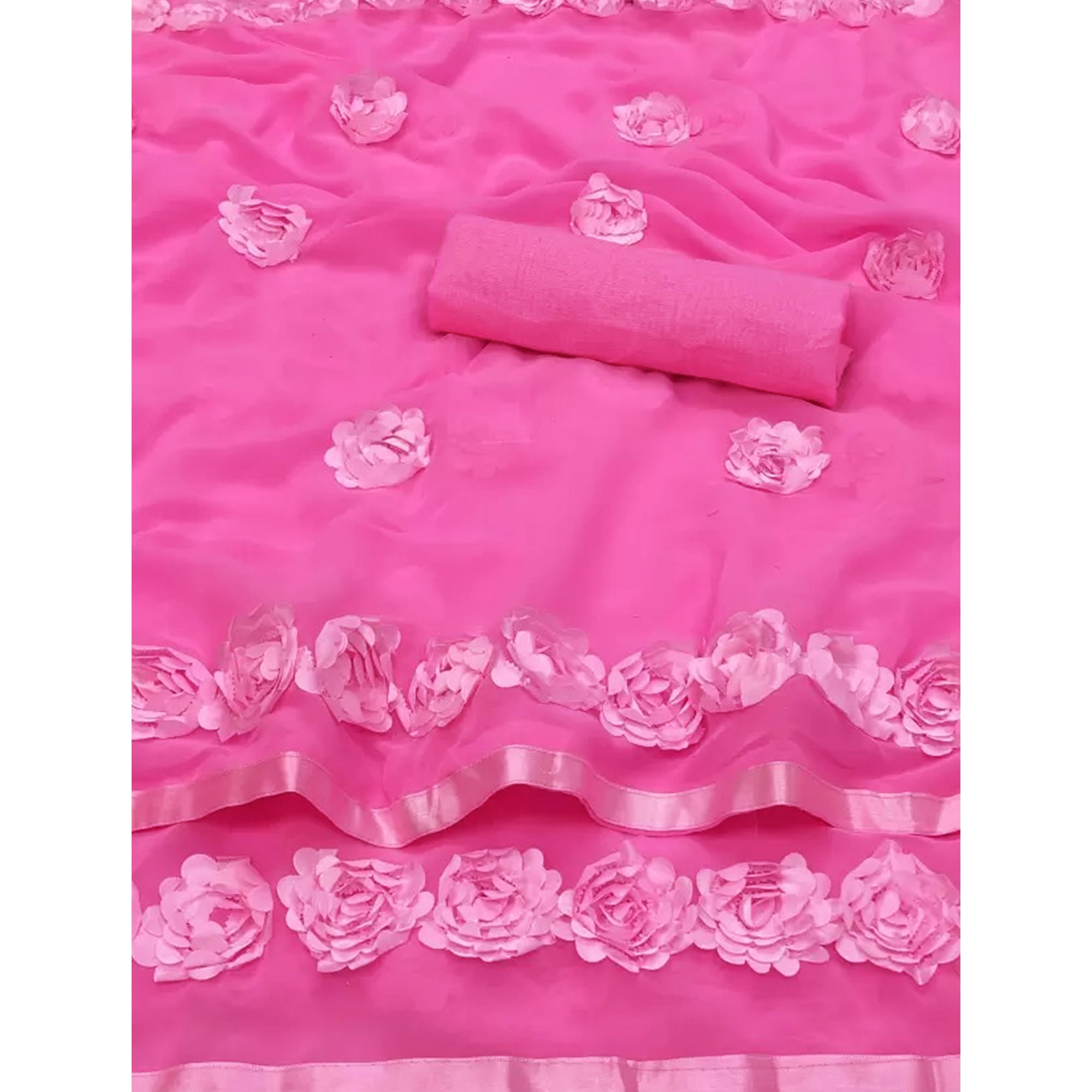 Pink Ribbon Flower Embroidered Georgette Saree