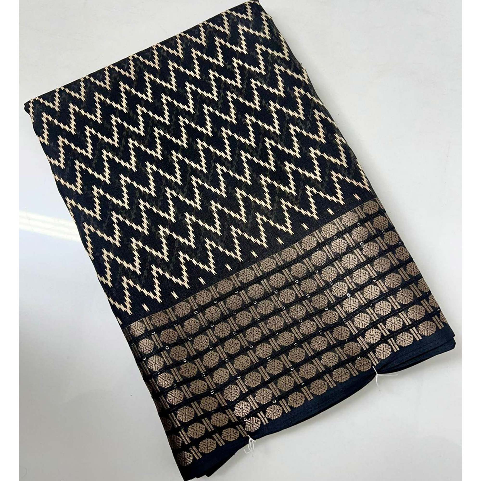 Black Zig-Zag Printed Dola Silk Saree With Zari Border