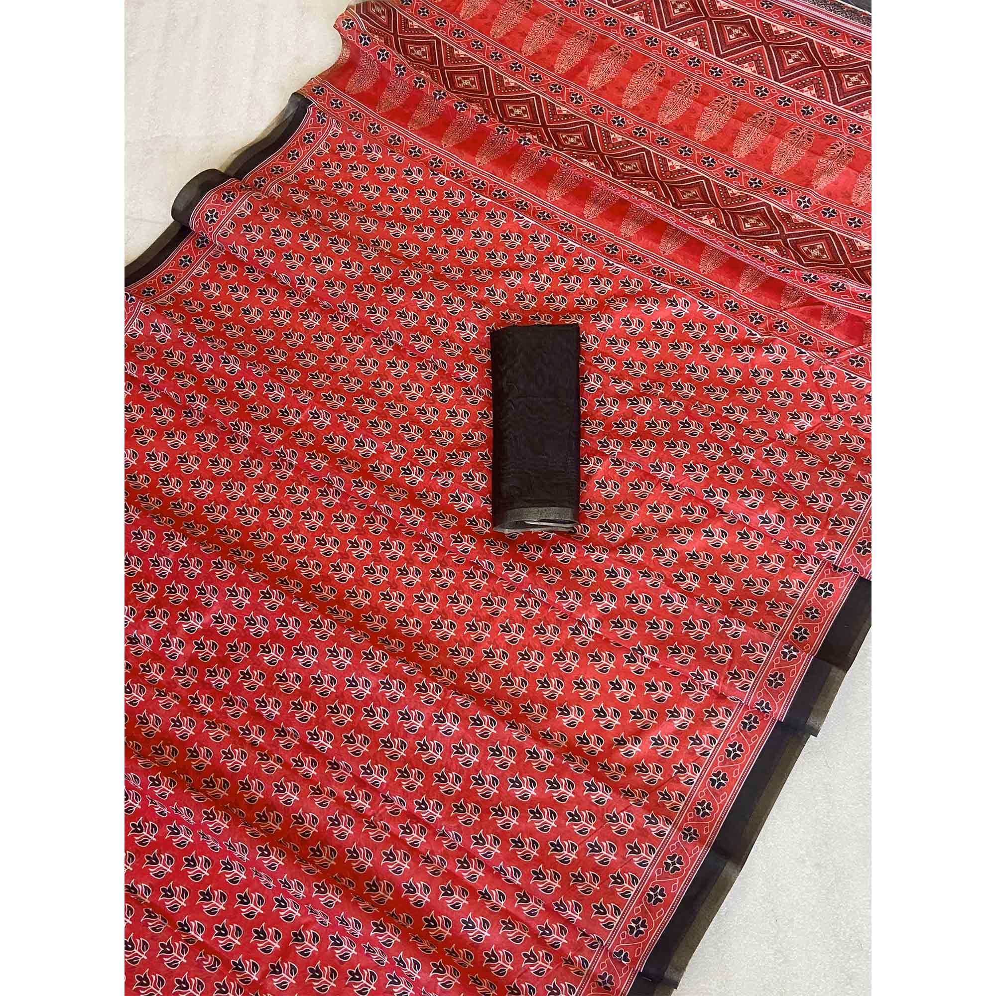 Red Floral Printed Linen Saree With Zari Border