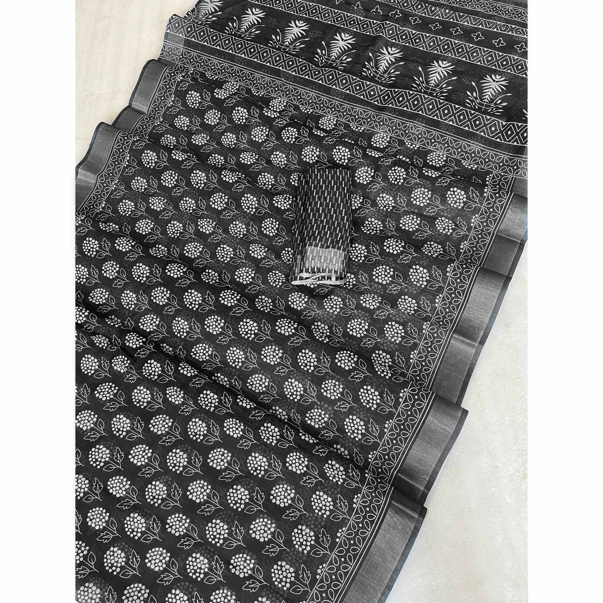 Black Floral Printed Linen Saree With Zari Border