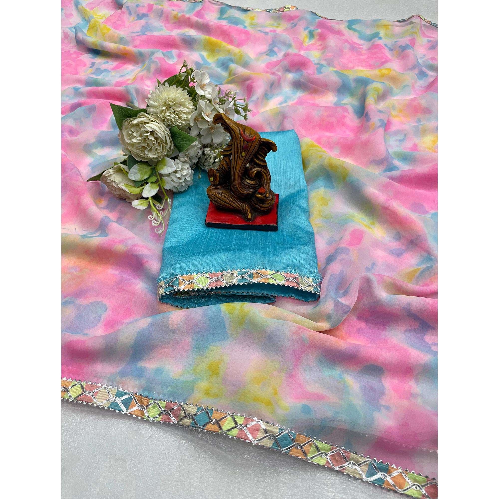 Pink Abstract Printed Georgette Saree