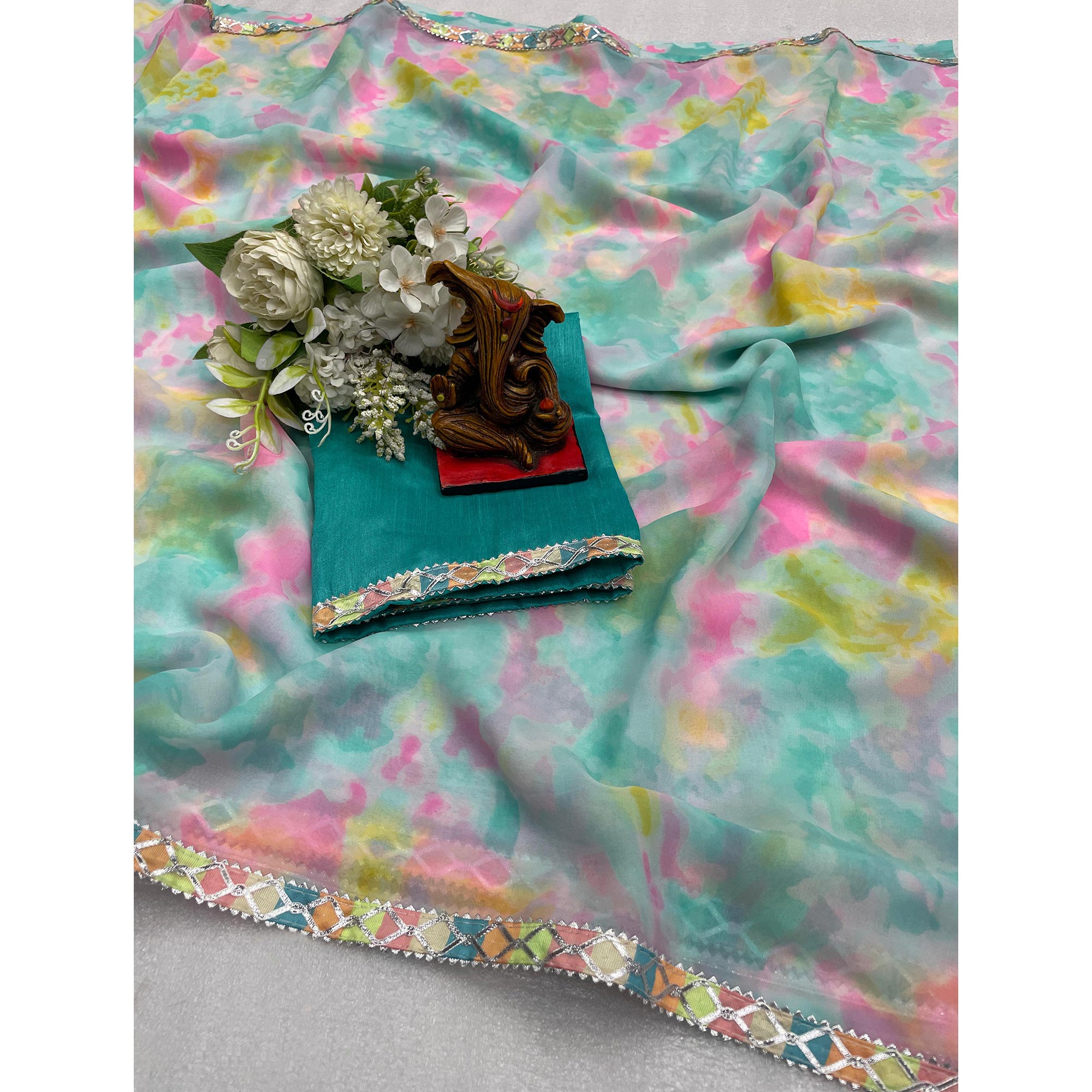 Rama Blue Abstract Printed Georgette Saree