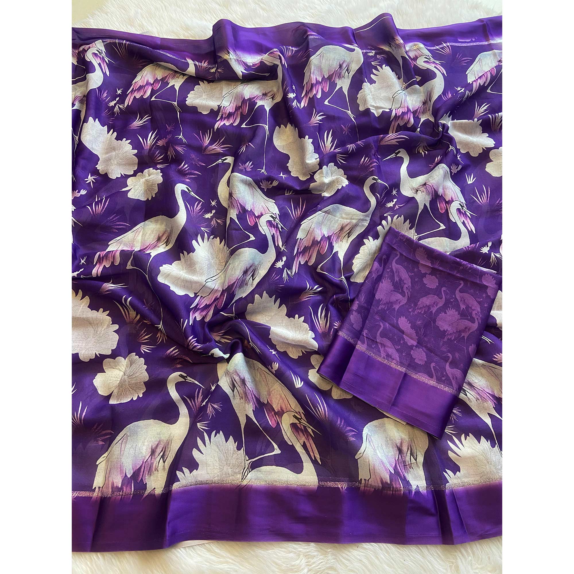 Purple Printed Moss Chiffon Saree With Zari Woven Border