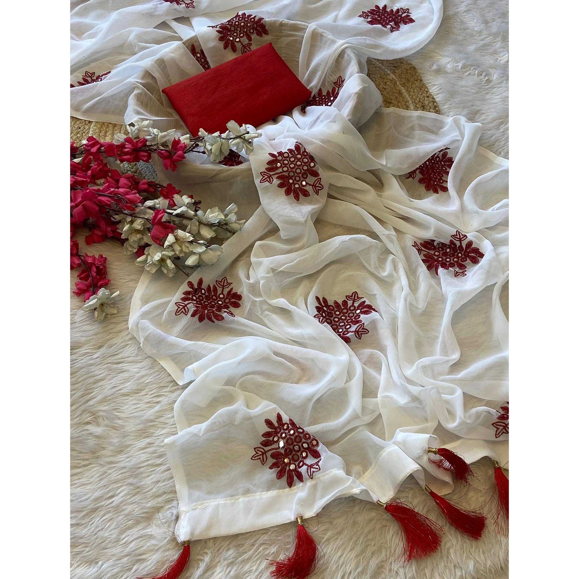 White Floral Embroidered Vichitra Silk Saree