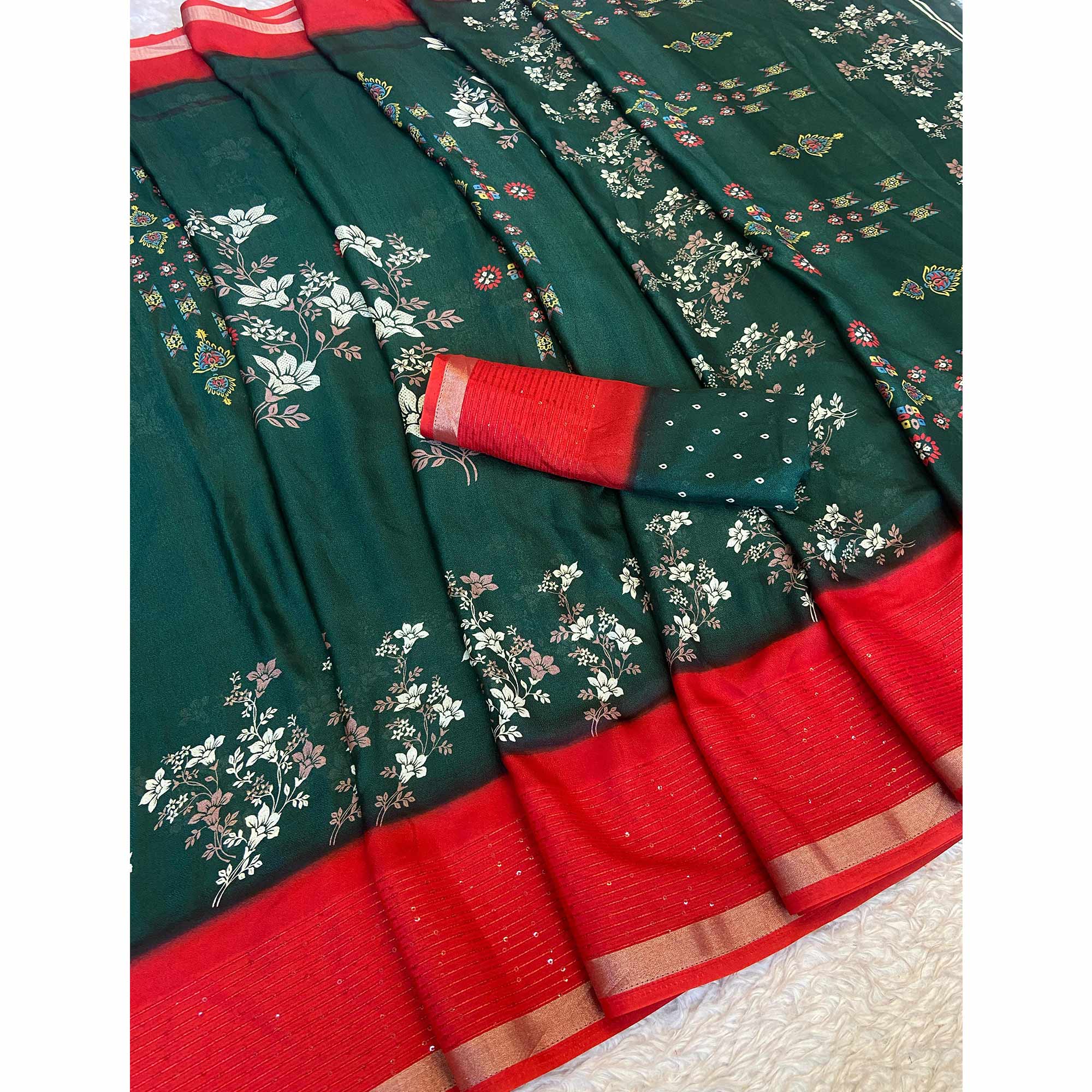 Green Floral Printed Moss Georgette Saree With Elegant Zari & Sequins Border Work