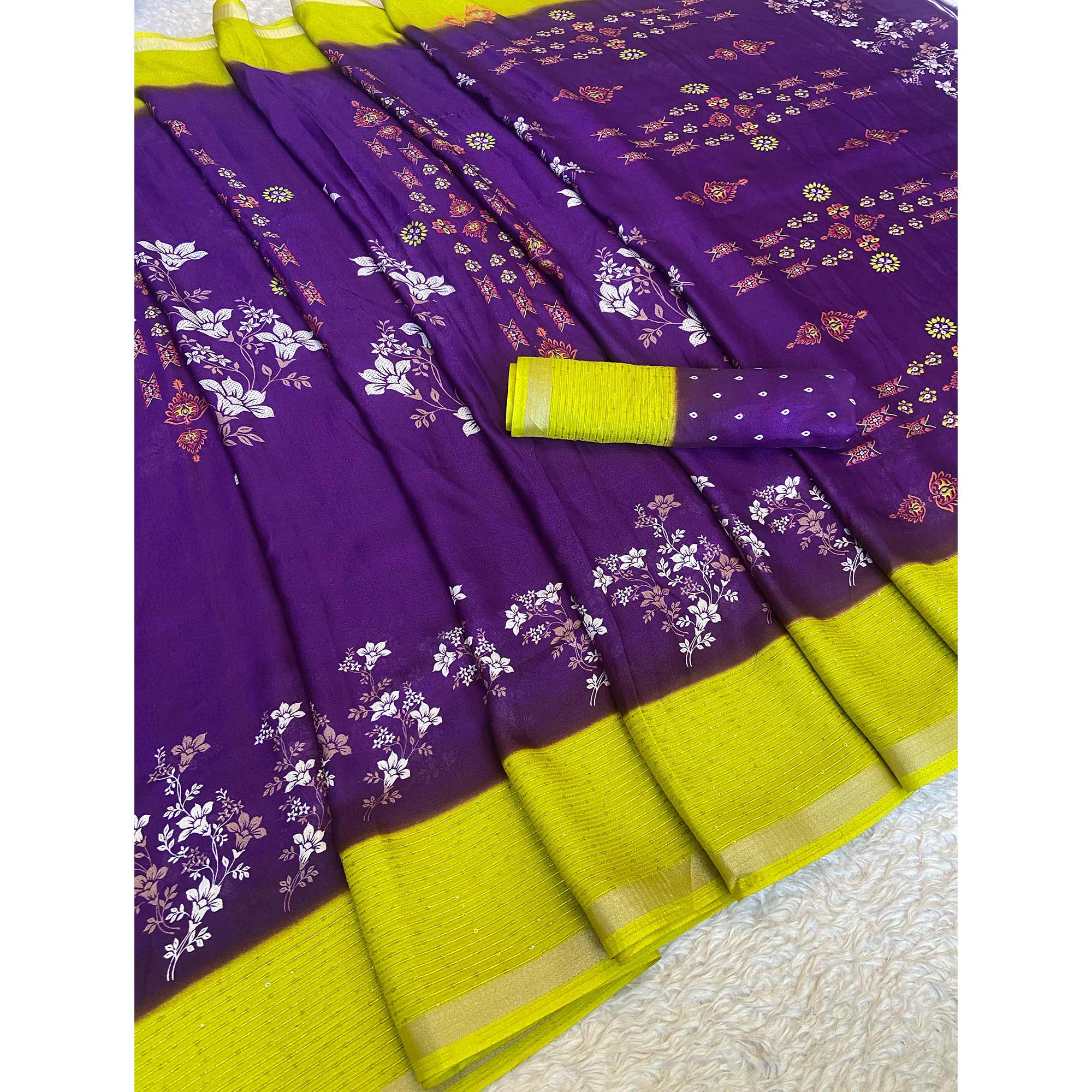Purple Floral Printed Moss Georgette Saree With Elegant Zari & Sequins Border Work
