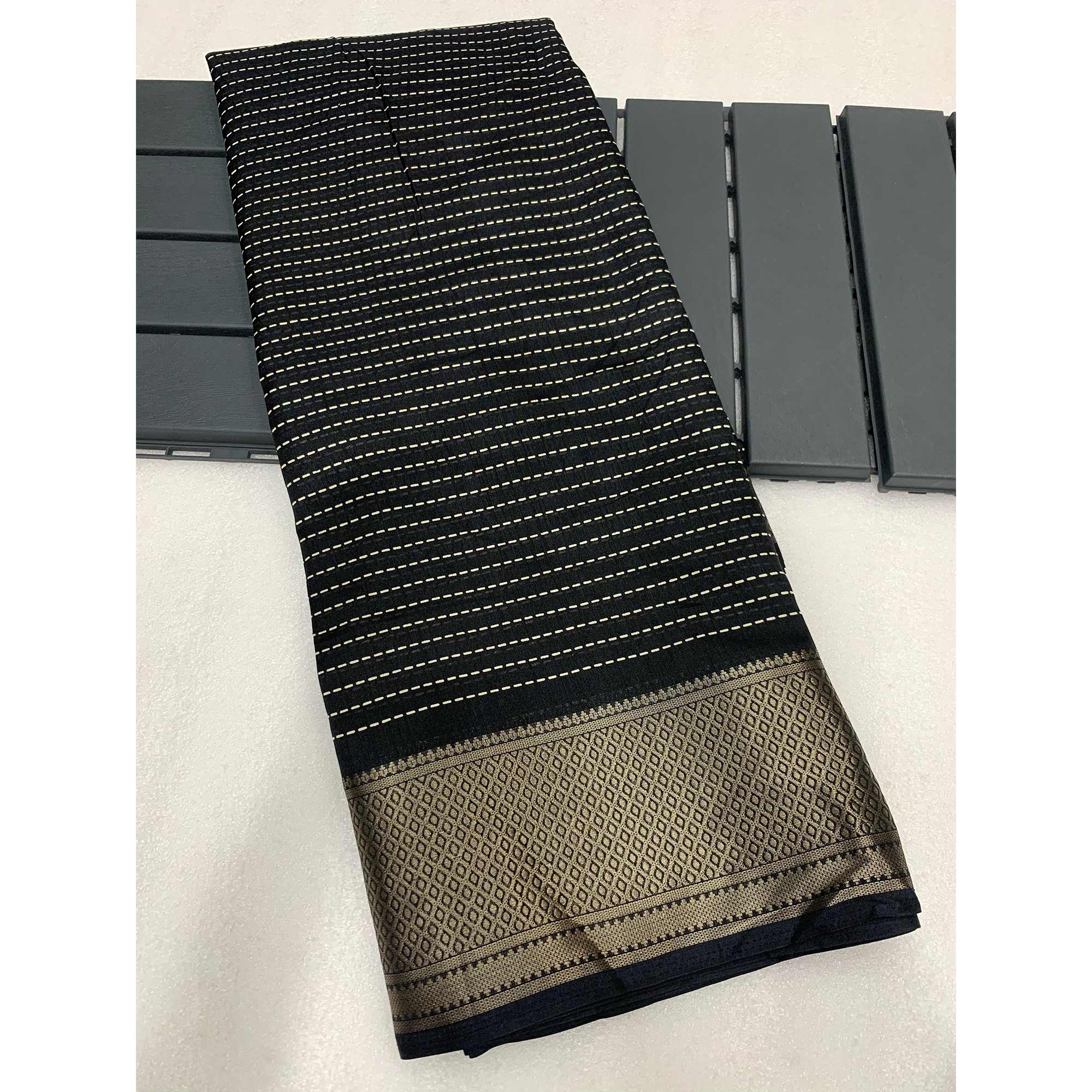 Black Printed Dola Silk Saree With Jacquard Border