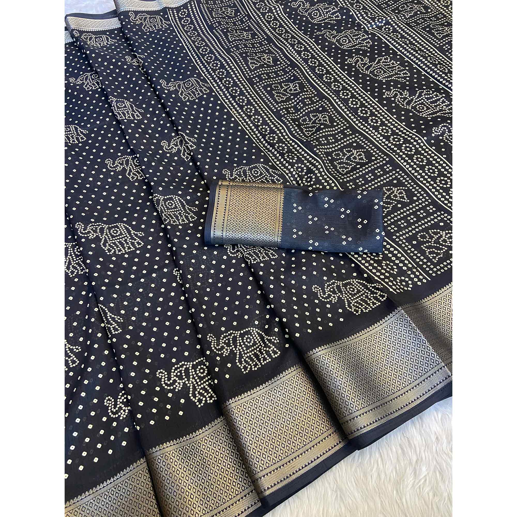 Black Bandhani Printed Dola Silk Saree With Woven Border