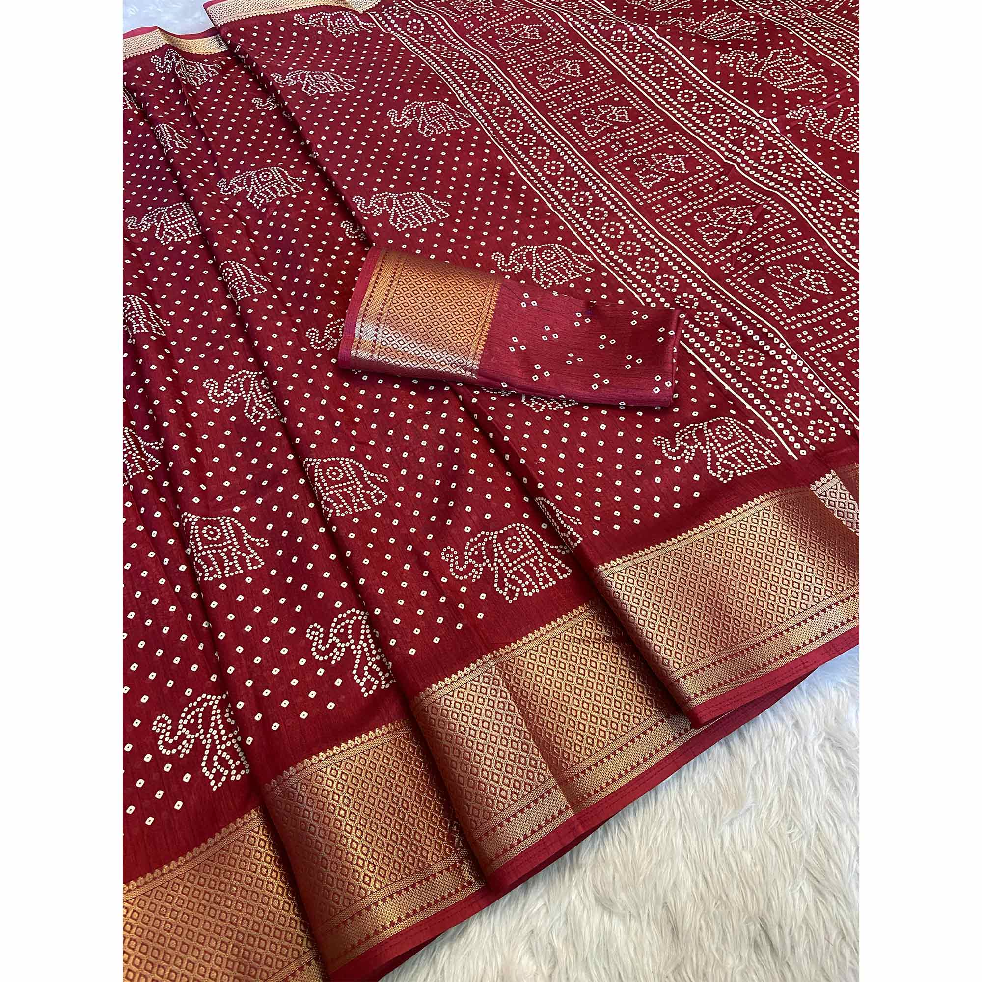 Maroon Bandhani Printed Dola Silk Saree With Woven Border