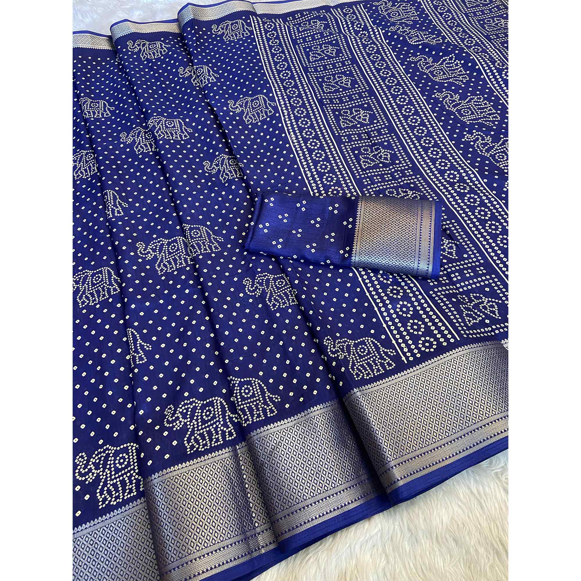 Navy Blue Bandhani Printed Dola Silk Saree With Woven Border