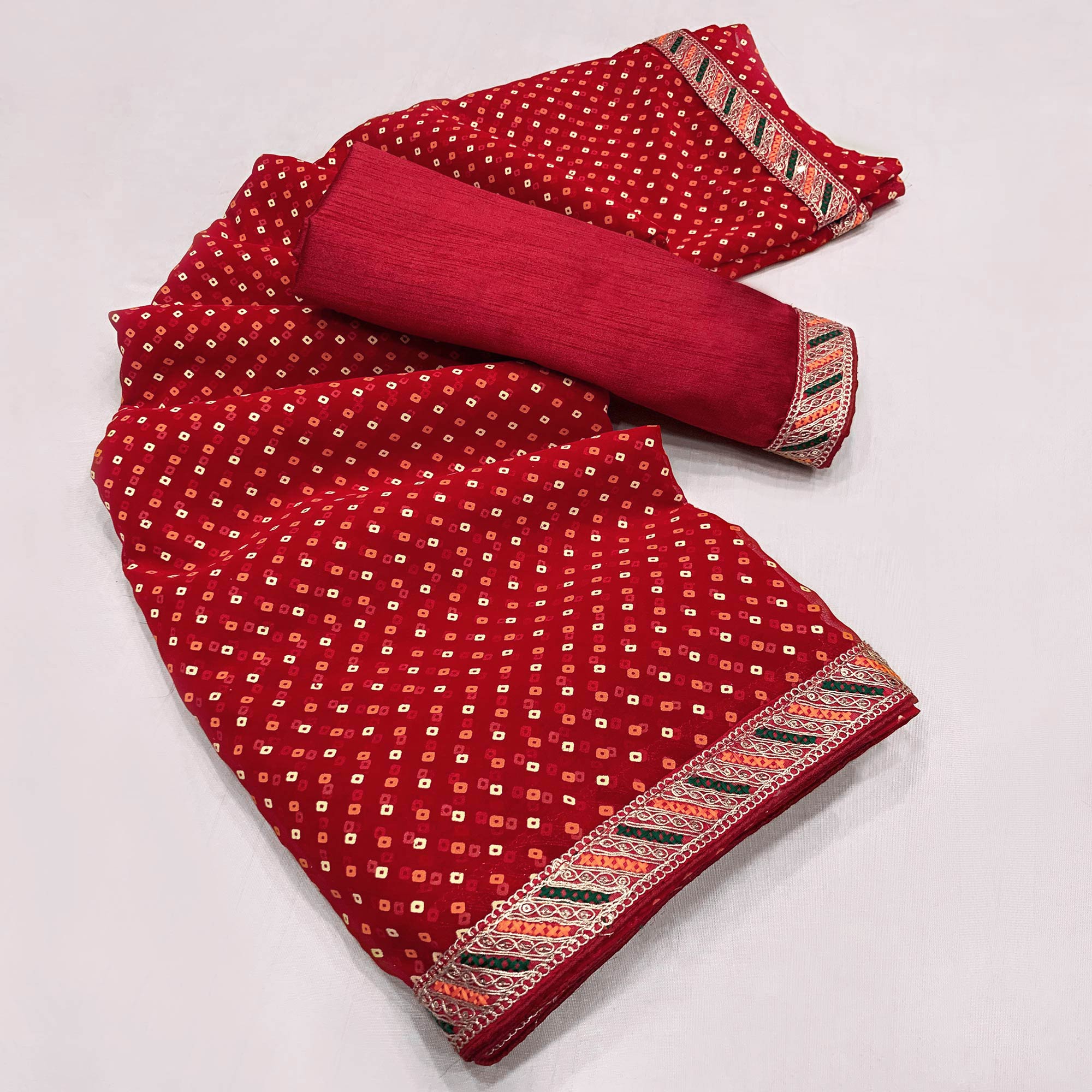 Red Bandhani Printed With Sequins Border Georgette Saree