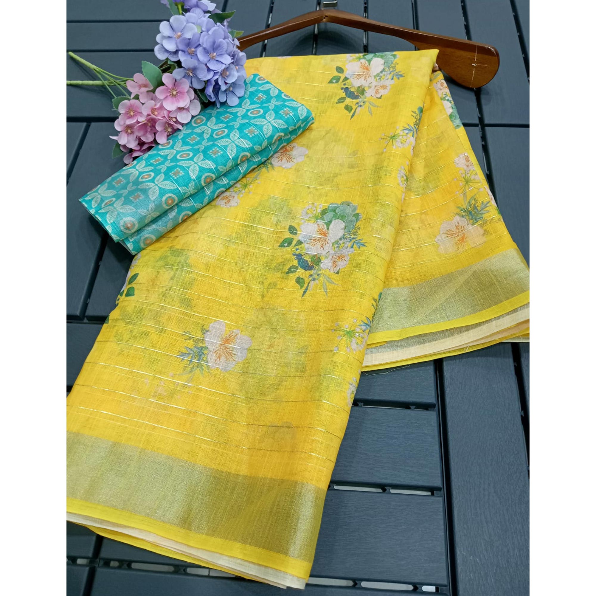 Yellow Digital Printed With Zari Work Linen Cotton Saree