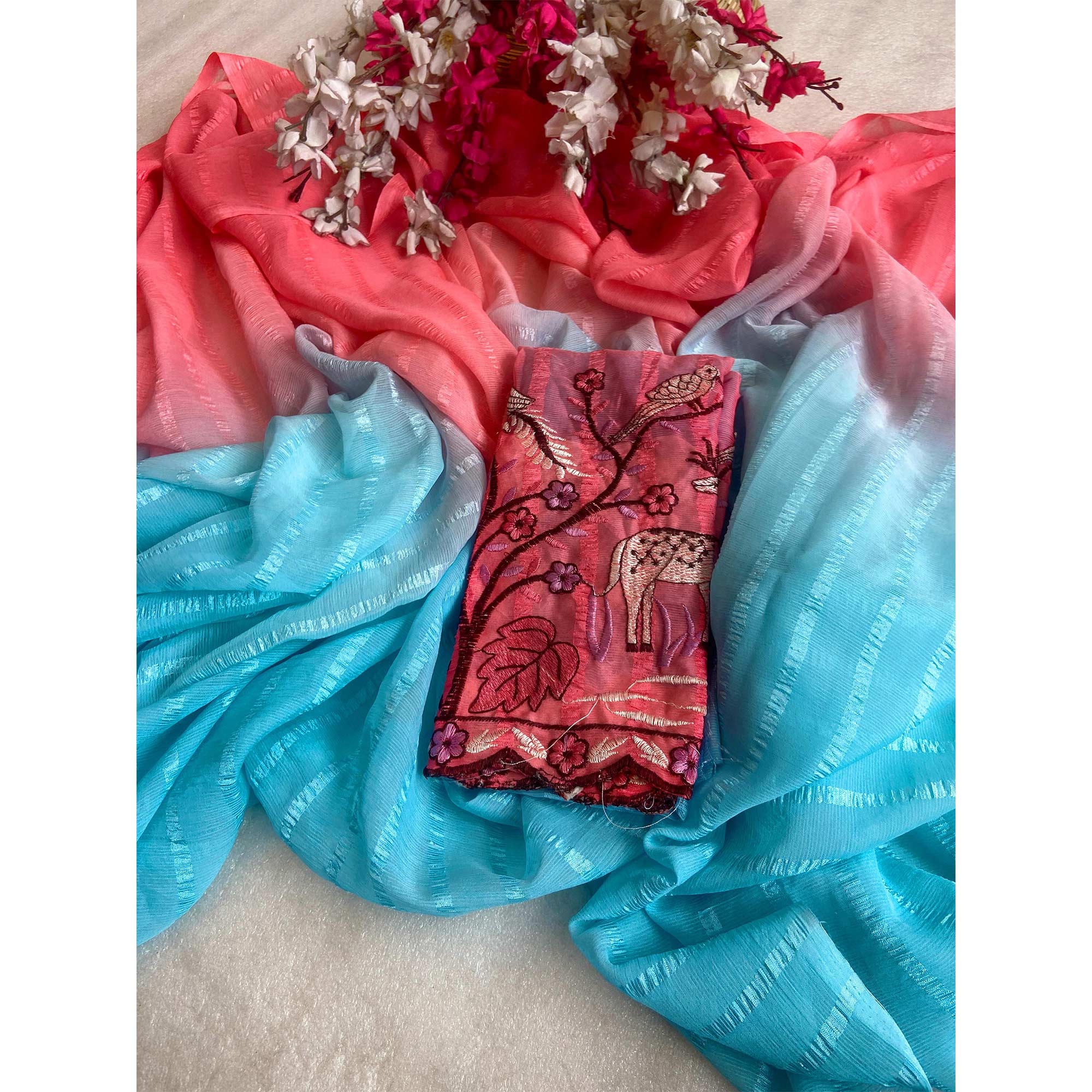 Blue & Peach Ombre Chiffon Saree with Delicate Woven Texture