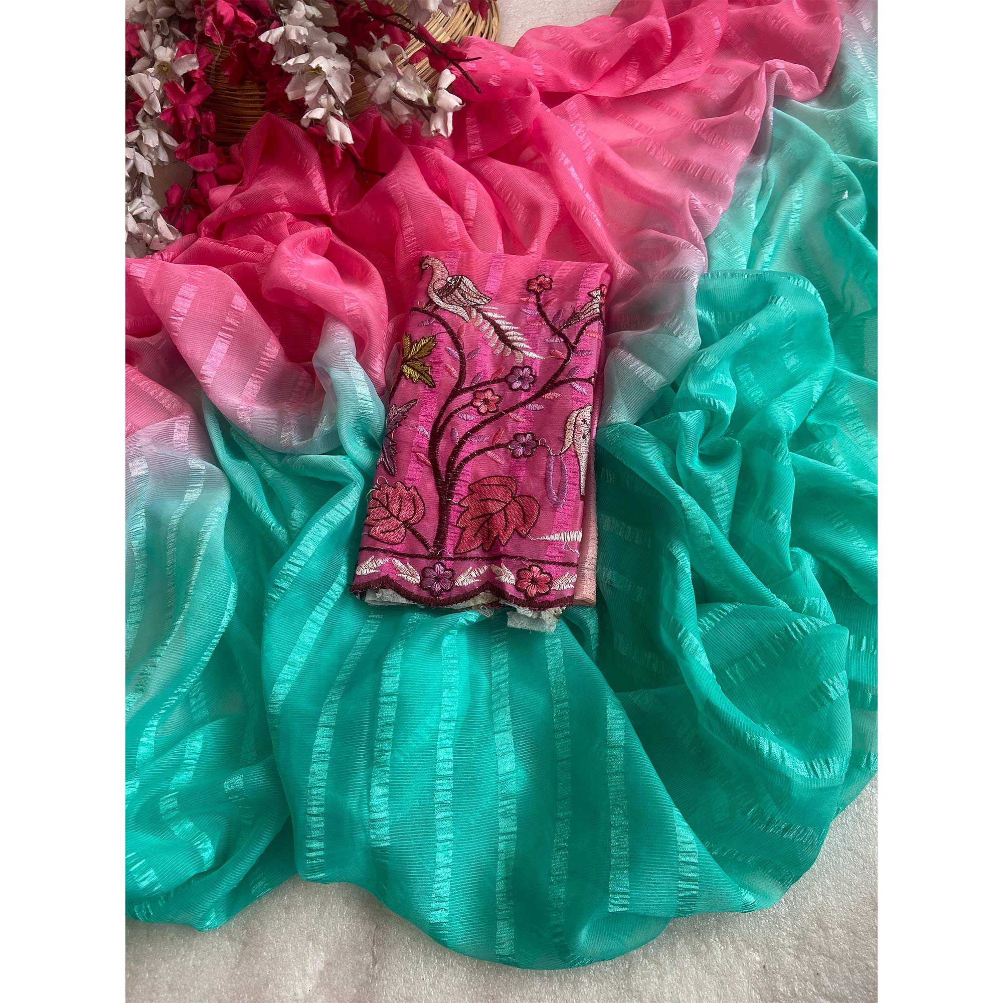 Turquoise & Pink Ombre Chiffon Saree with Delicate Woven Texture