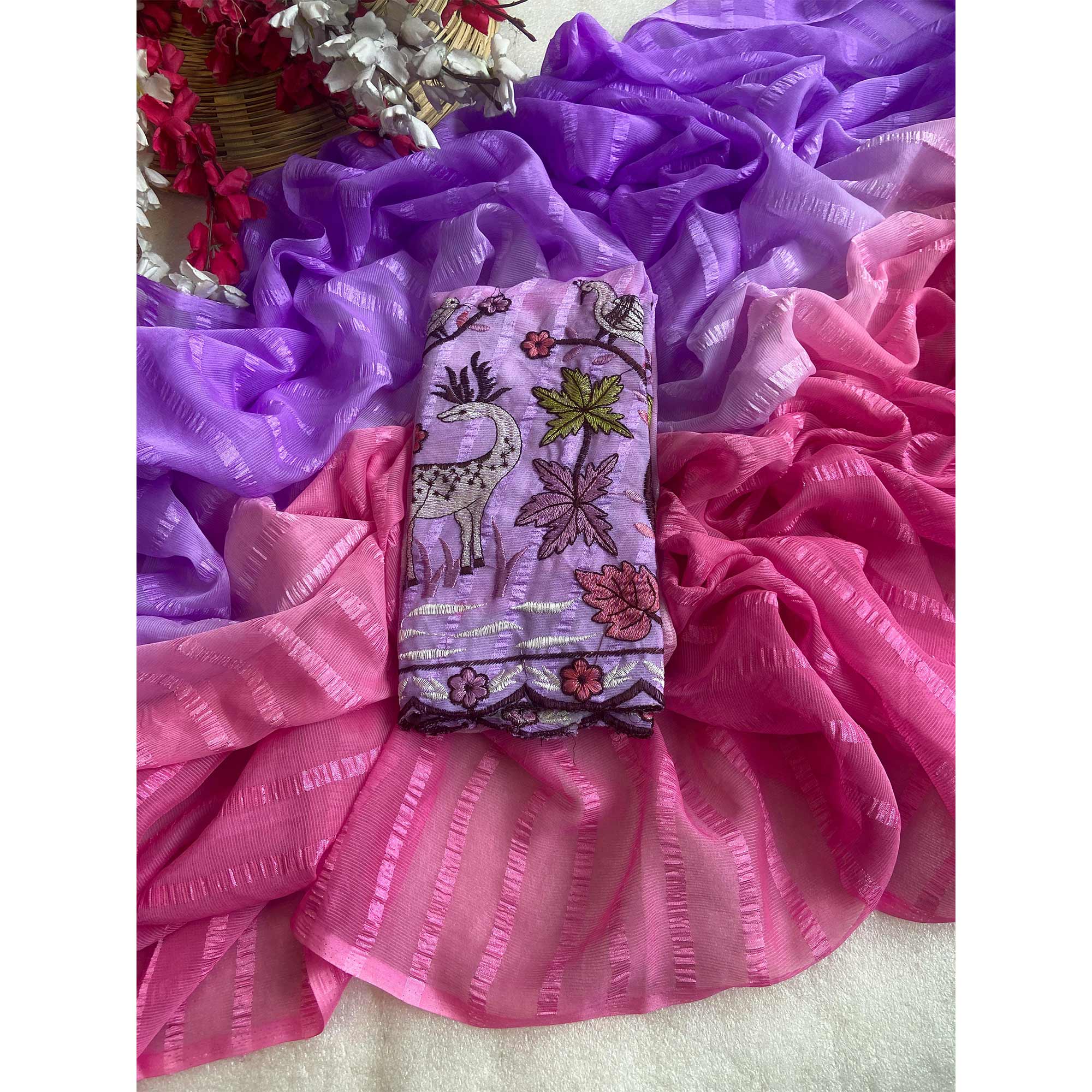 Pink & Purple Ombre Chiffon Saree with Delicate Woven Texture