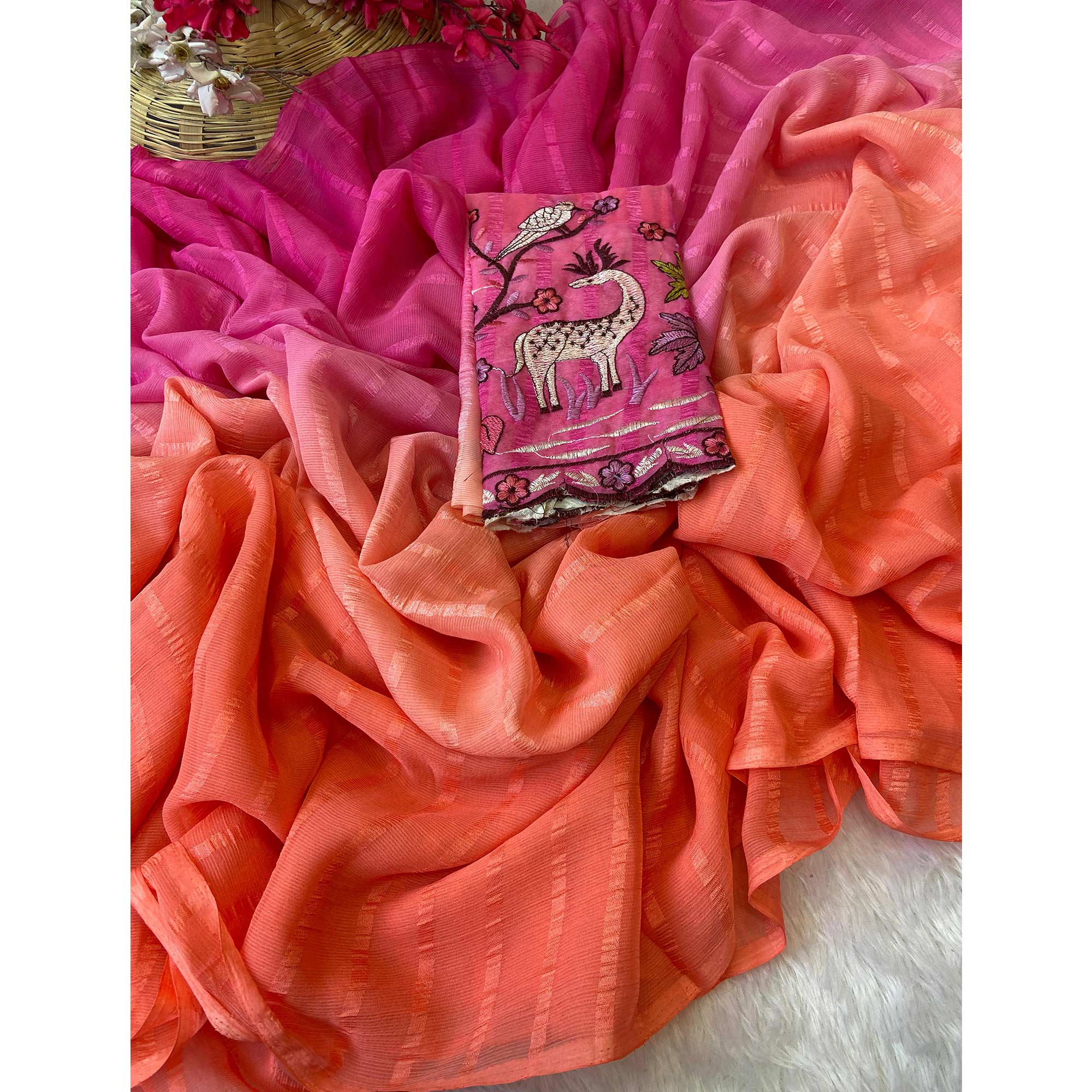 Pink & Orange Ombre Chiffon Saree with Delicate Woven Texture