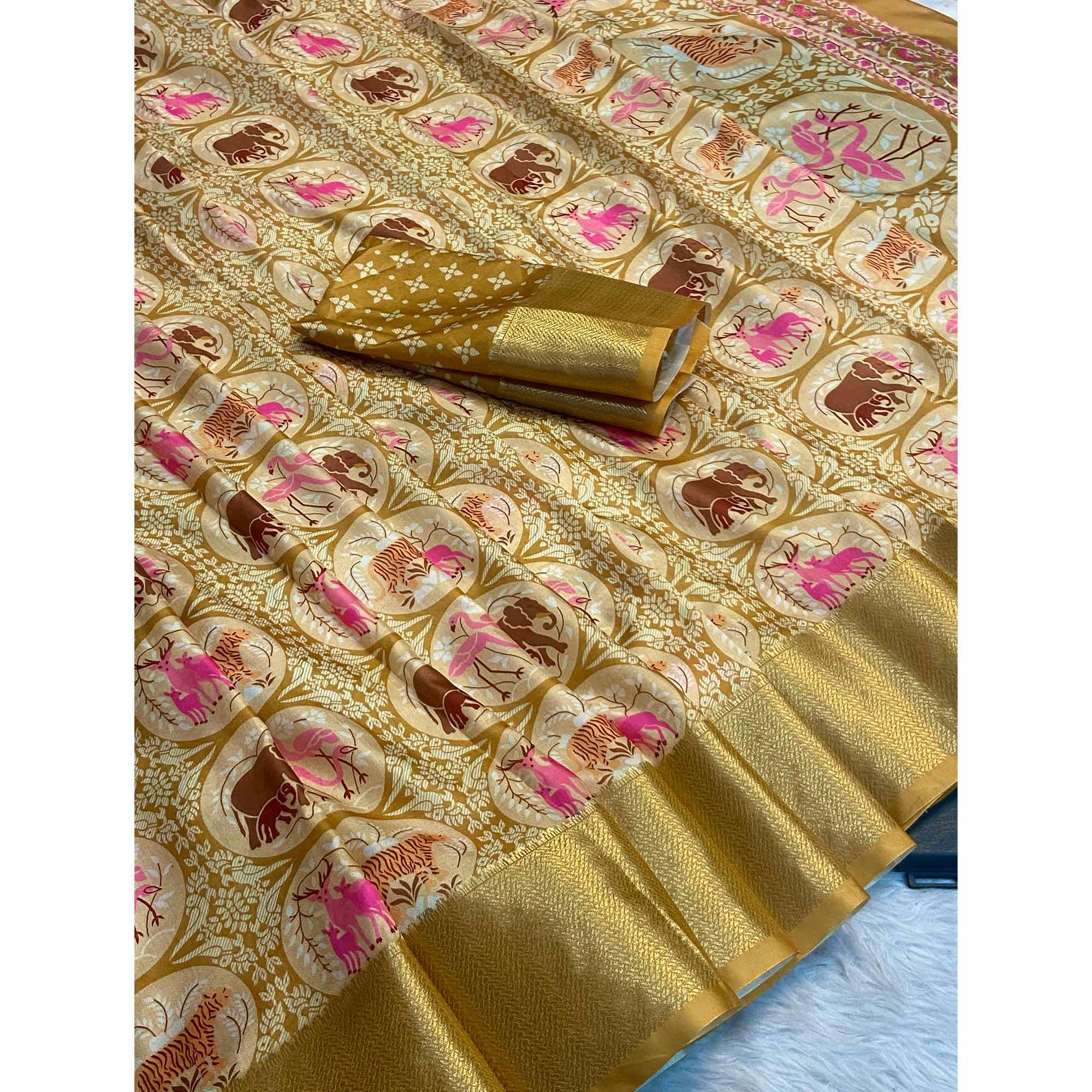 Beige Floral Zari Weaving Dola Silk Saree
