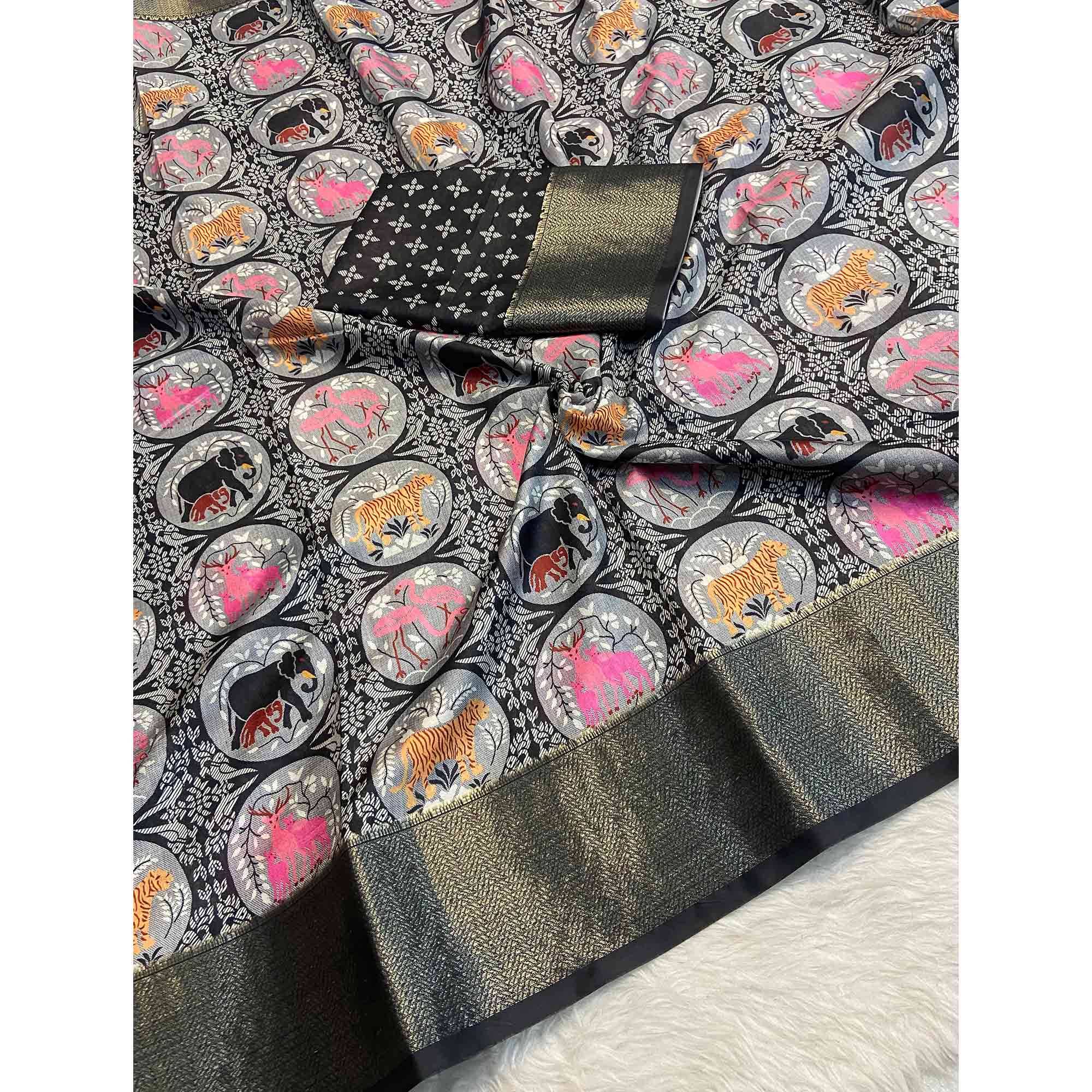 Black Floral Zari Weaving Dola Silk Saree