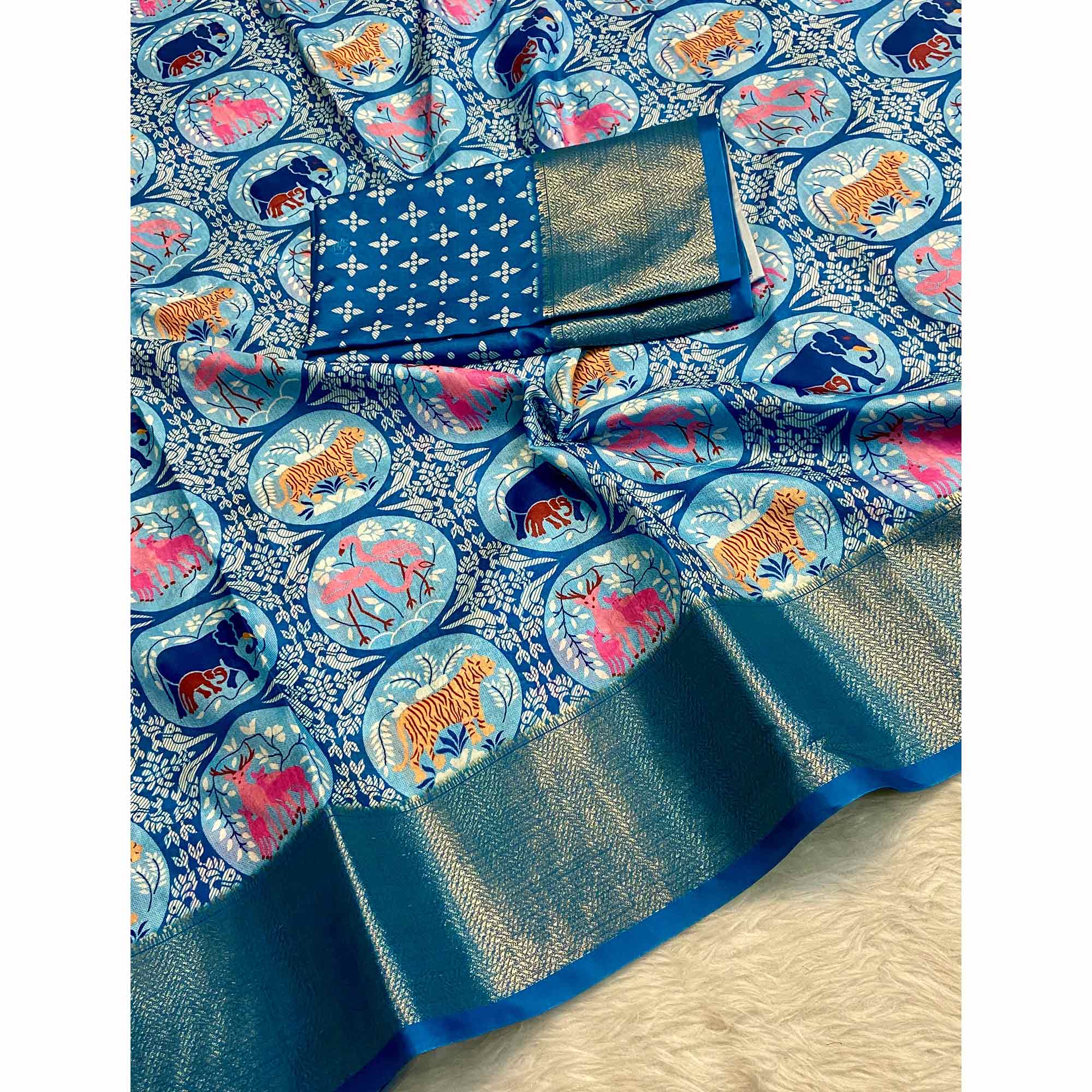 Blue Floral Zari Weaving Dola Silk Saree