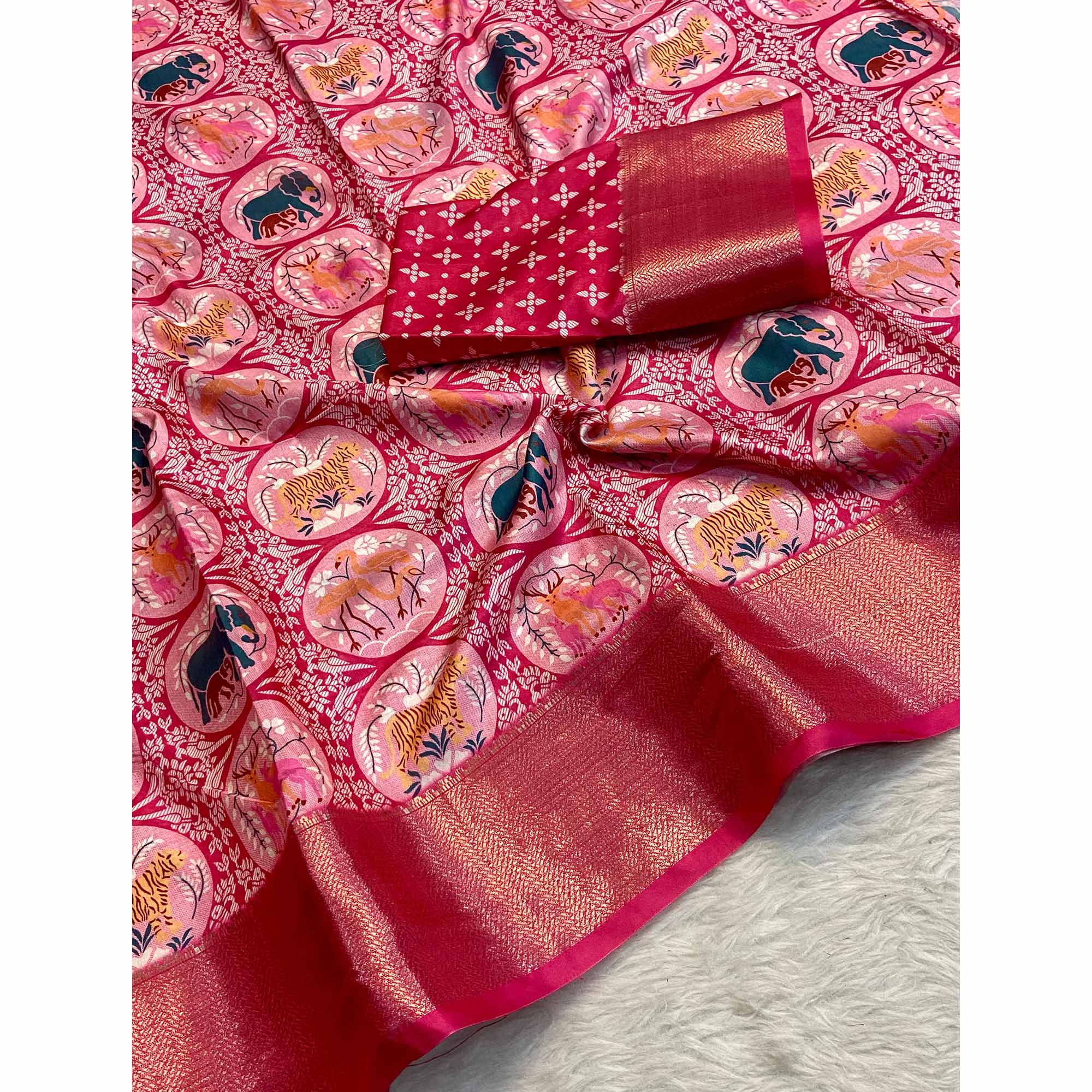 Pink Floral Zari Weaving Dola Silk Saree