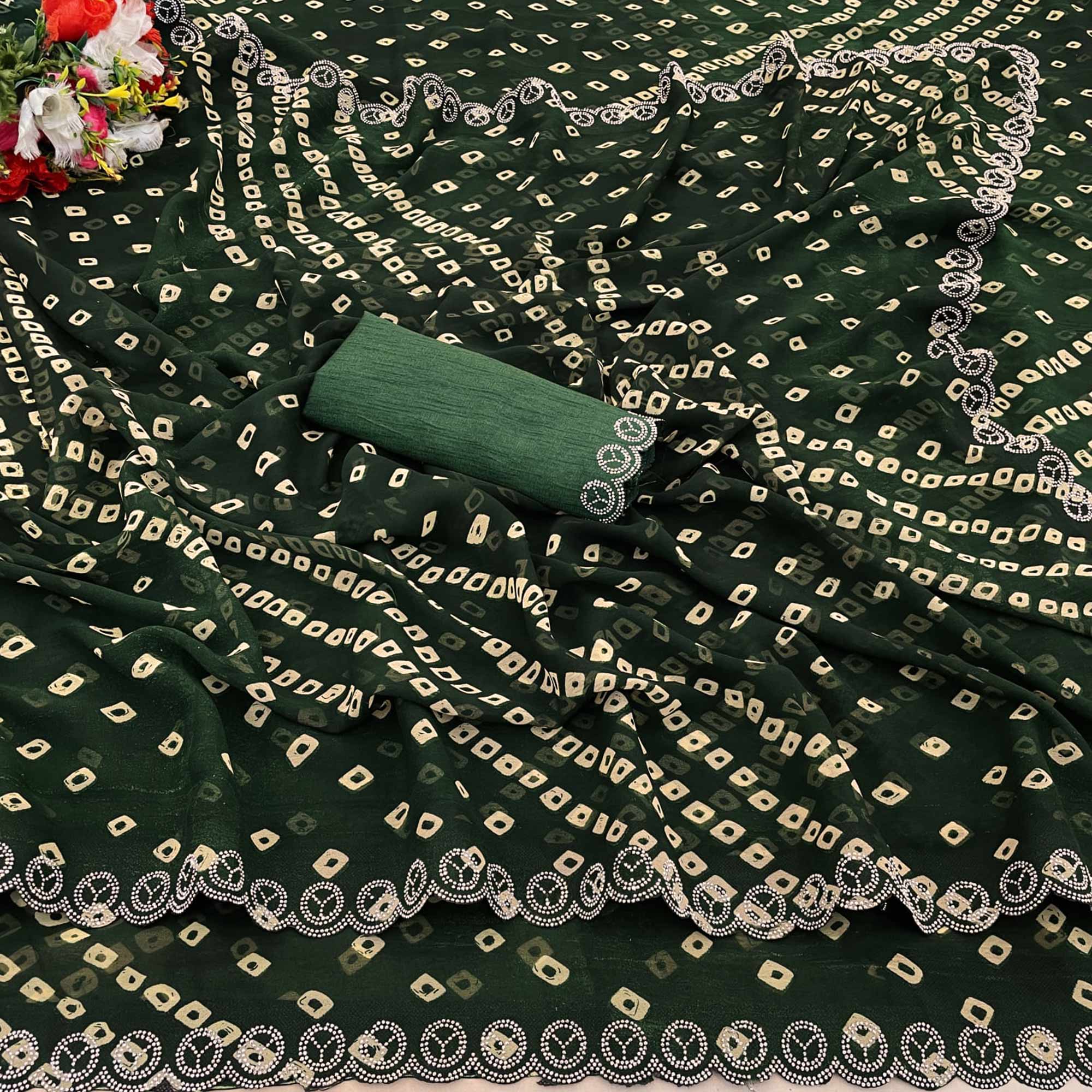 Green Bandhani Printed Georgette Saree With Stone Work Border