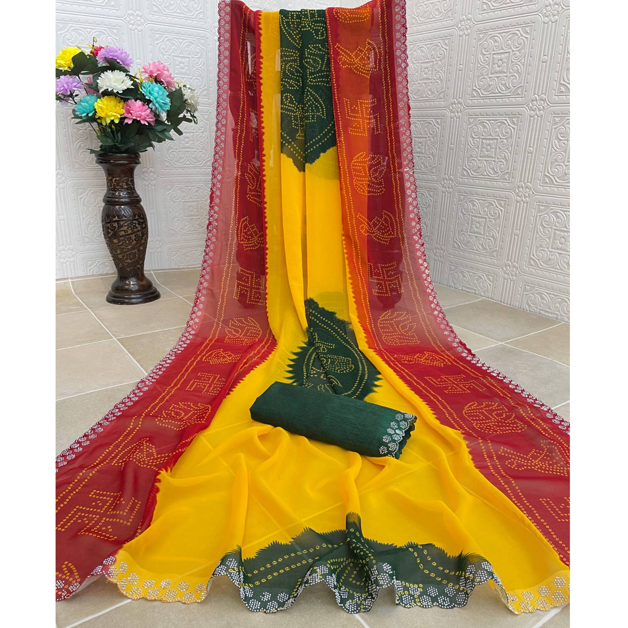 Red & Yellow Georgette Saree With Traditional Bandhani Print And Sparkling Stone Work Border