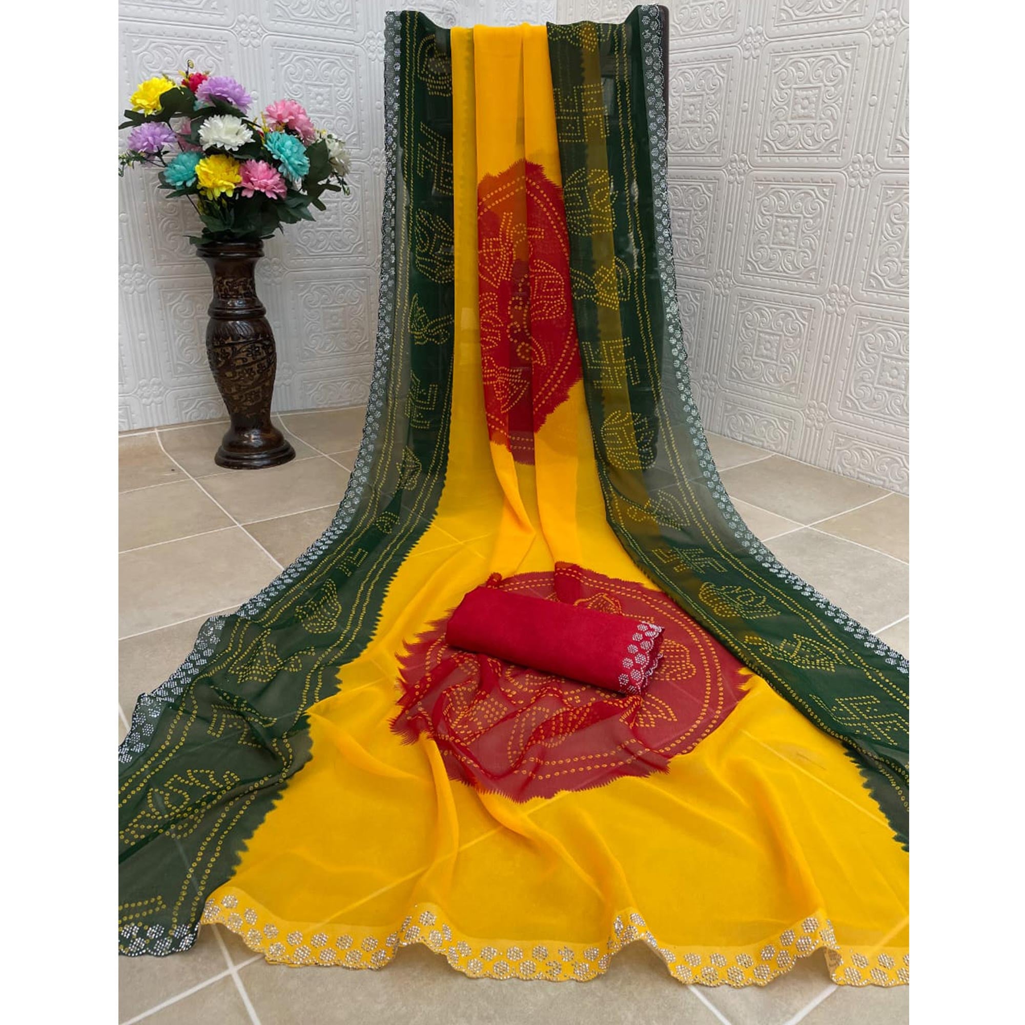 Green & Yellow Georgette Saree With Traditional Bandhani Print And Sparkling Stone Work Border