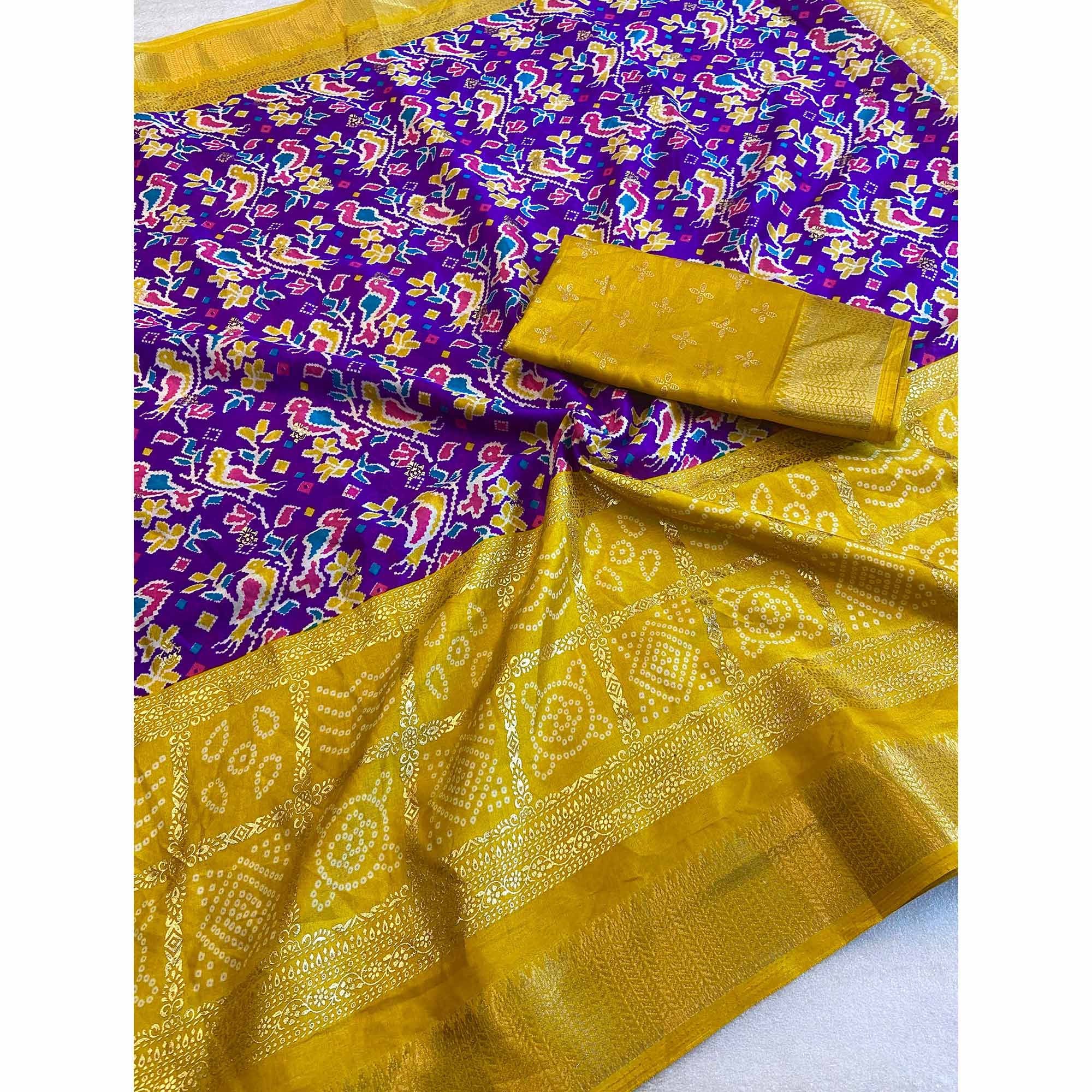 Purple Patola Printed Dola Silk Saree With Zari Border