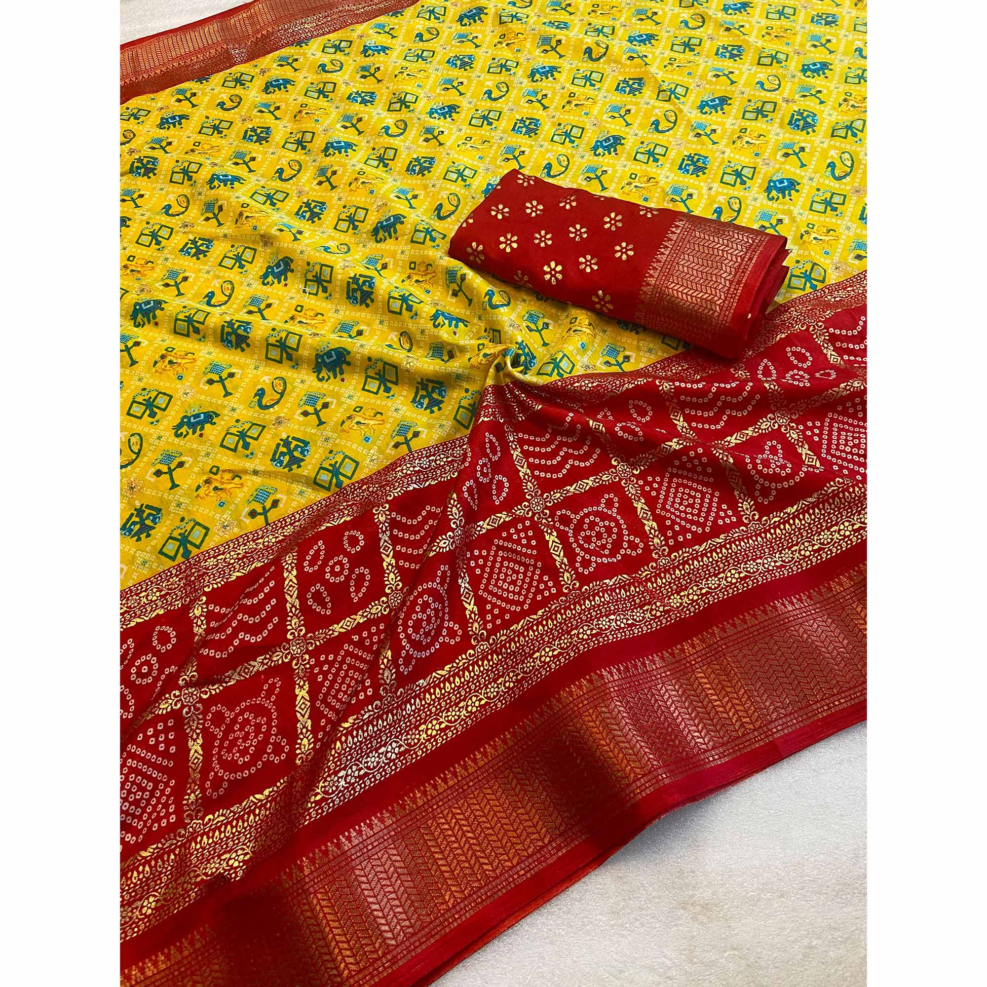 Yellow Patola Printed Dola Silk Saree With Zari Border