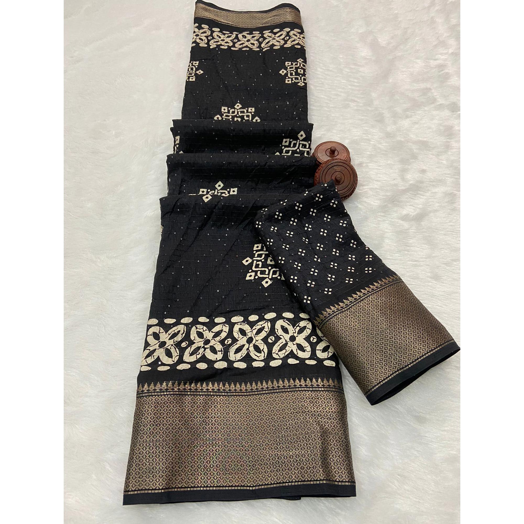 Black Printed With Sequins Work Dola Silk Saree