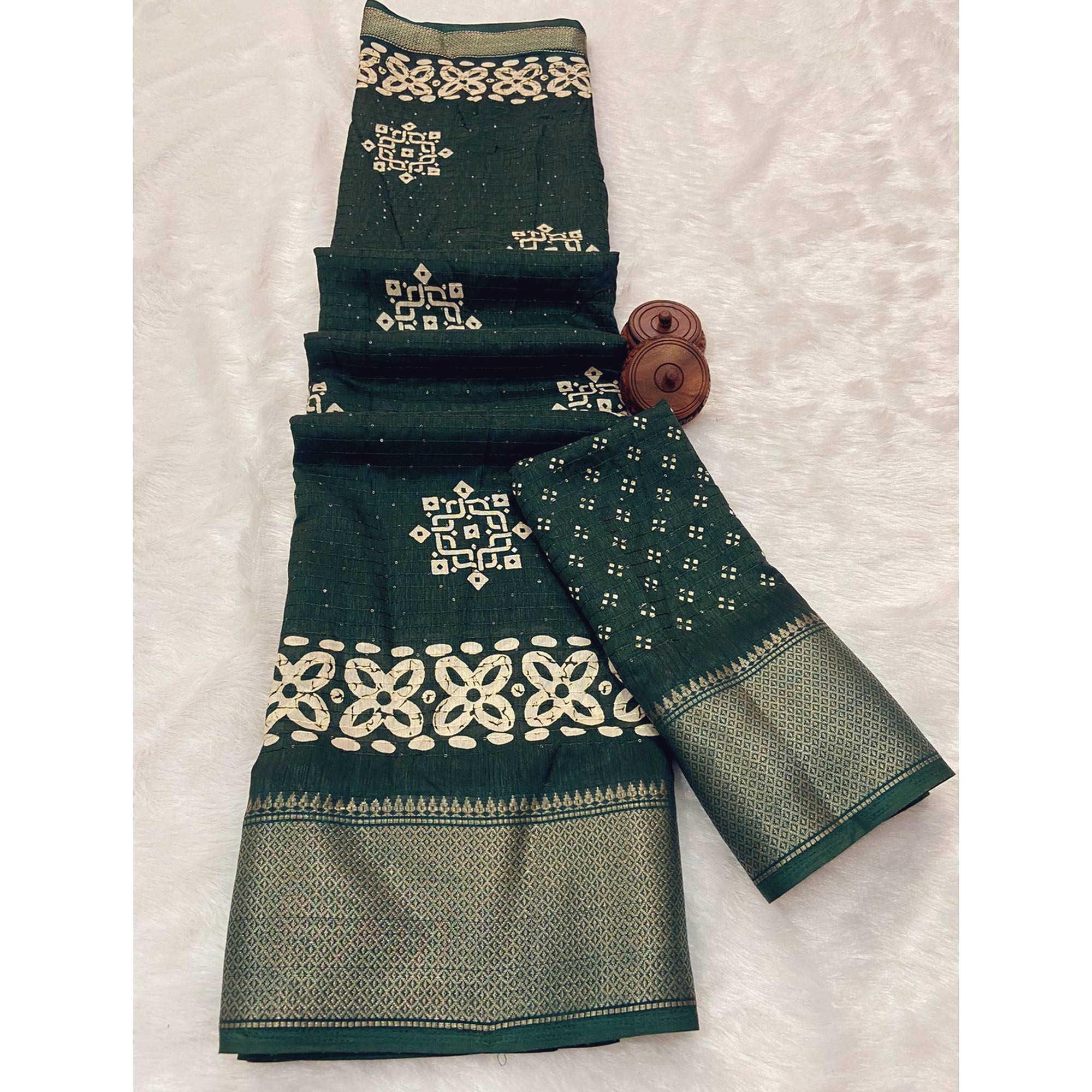 Green Printed With Sequins Work Dola Silk Saree