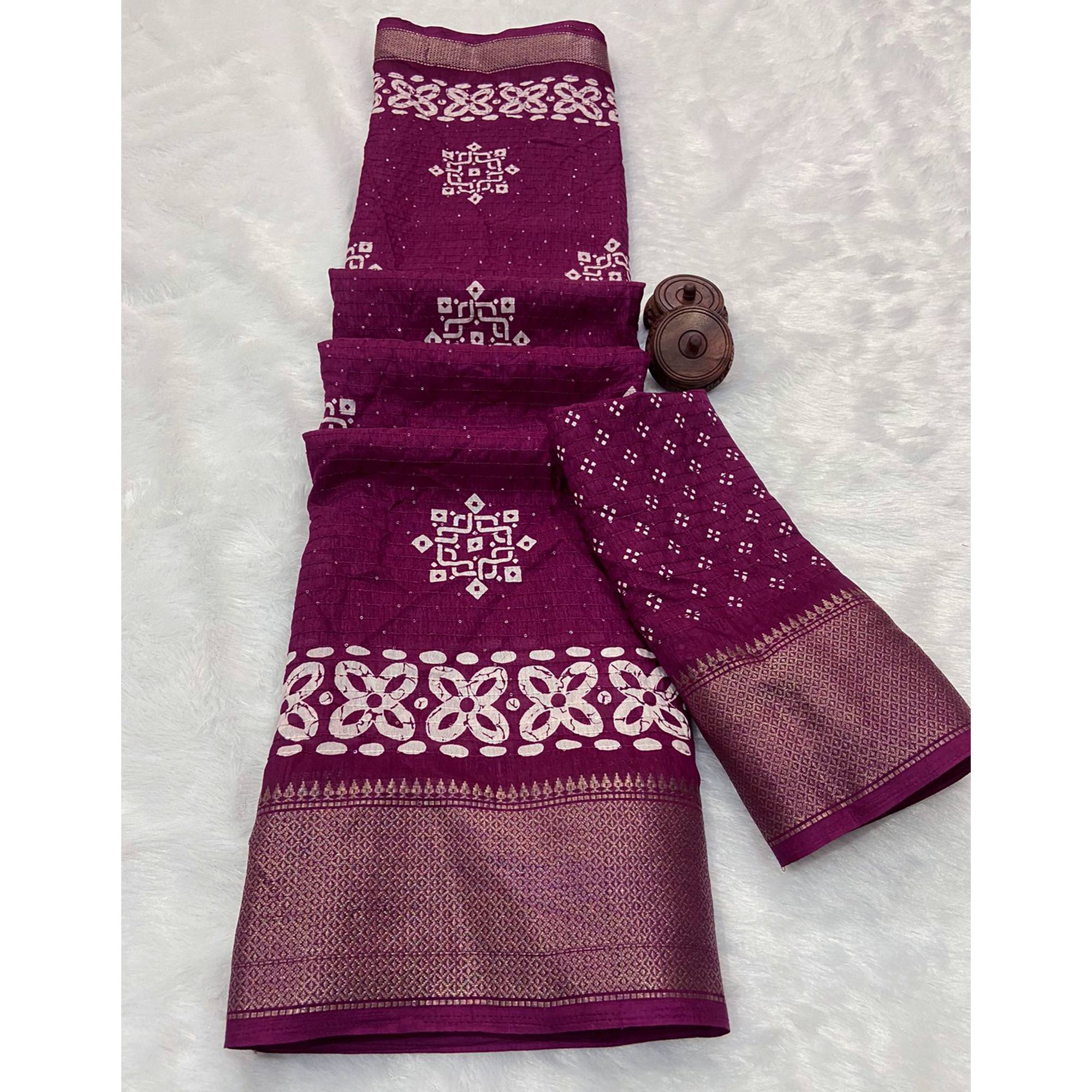 Wine Printed With Sequins Work Dola Silk Saree