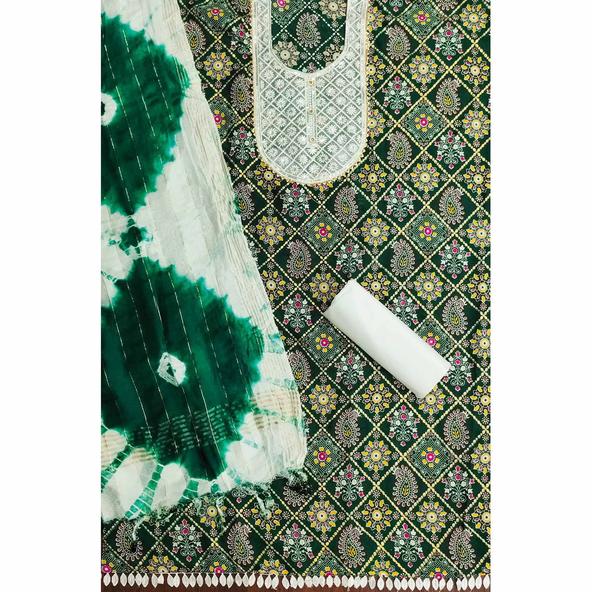 Green Printed With Embroidered Pure Cotton Dress Material