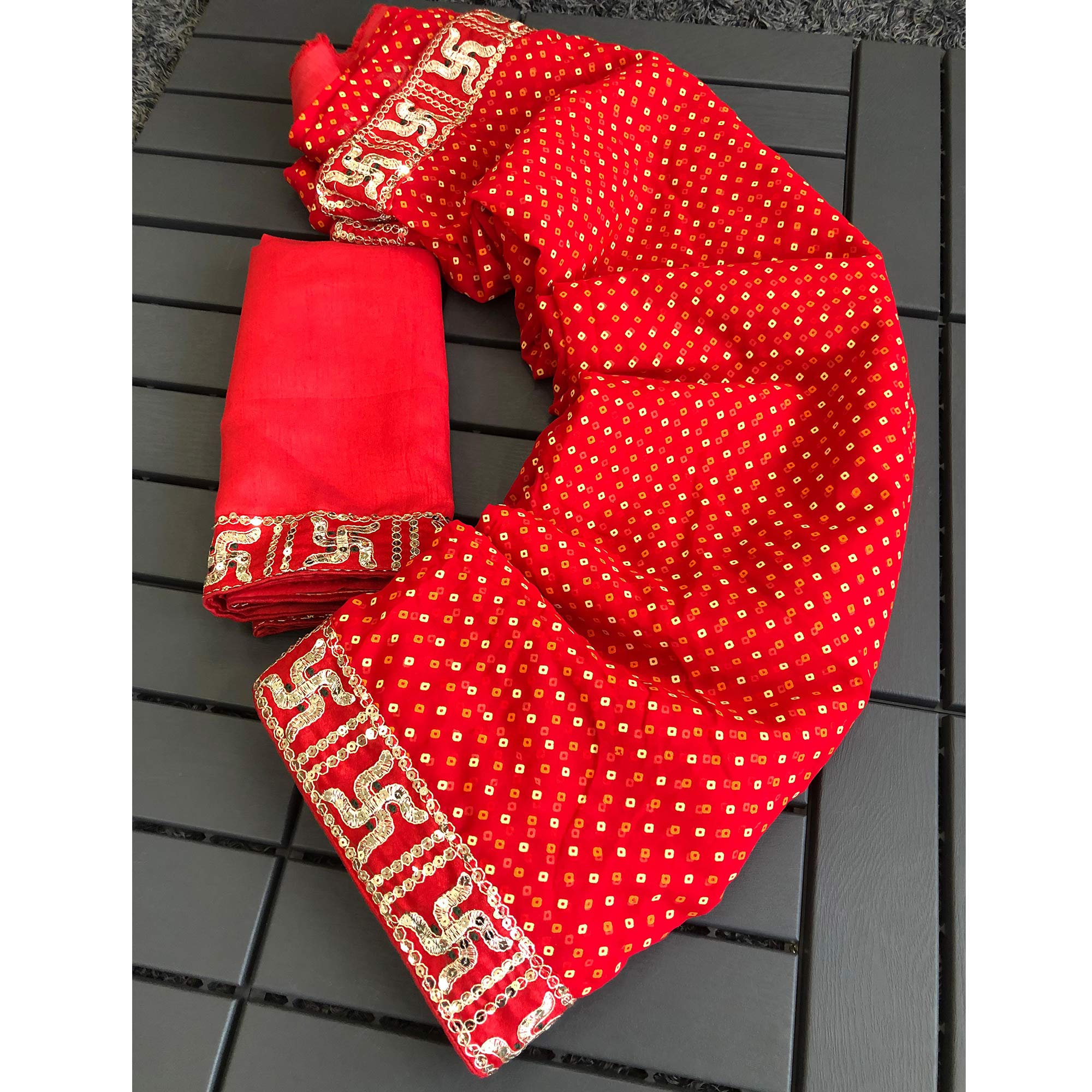 Red Bandhani Printed Georgette Saree
