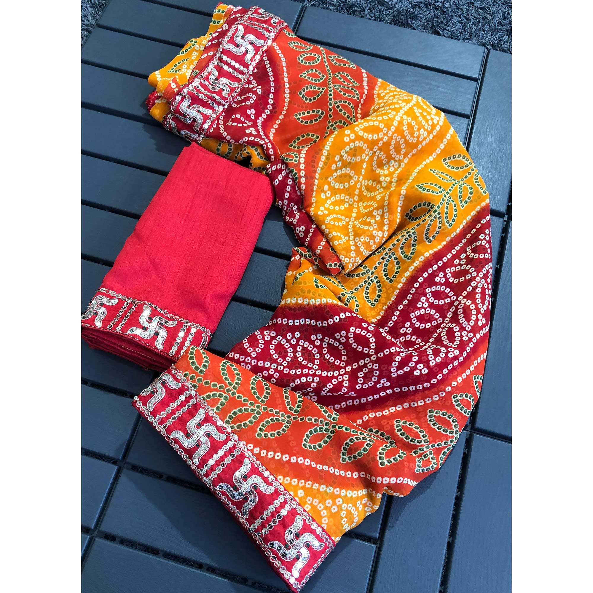 Yellow & Red Bandhani Printed Georgette Saree