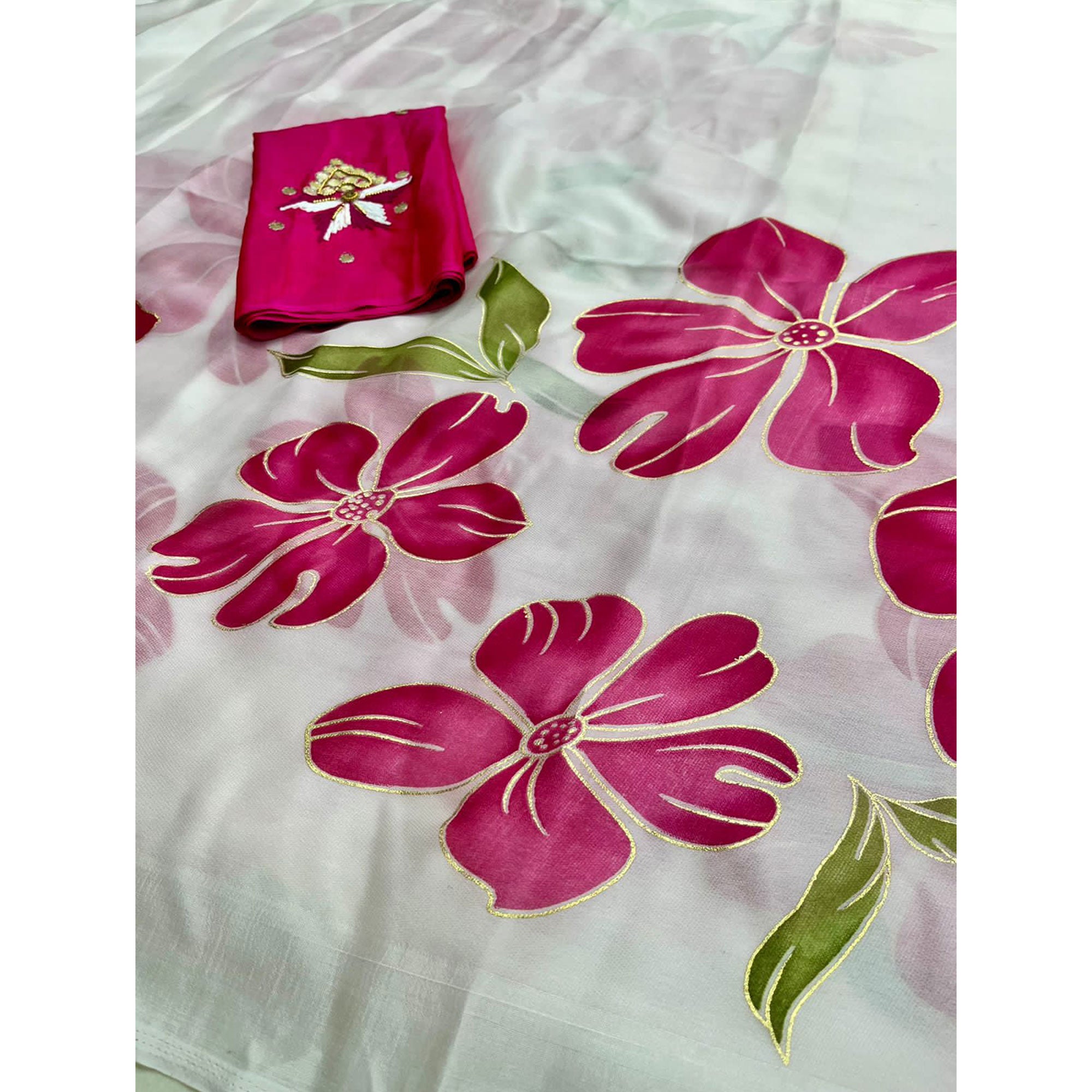 White Floral Foil Printed Organza Saree