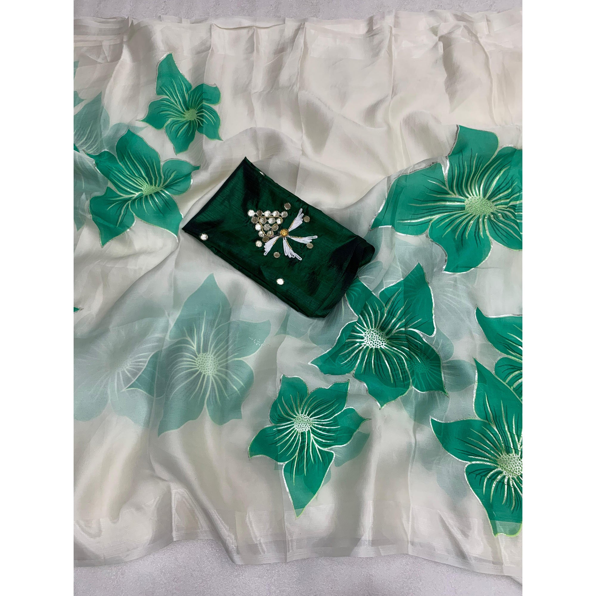 White & Green Floral Foil Printed Organza Saree