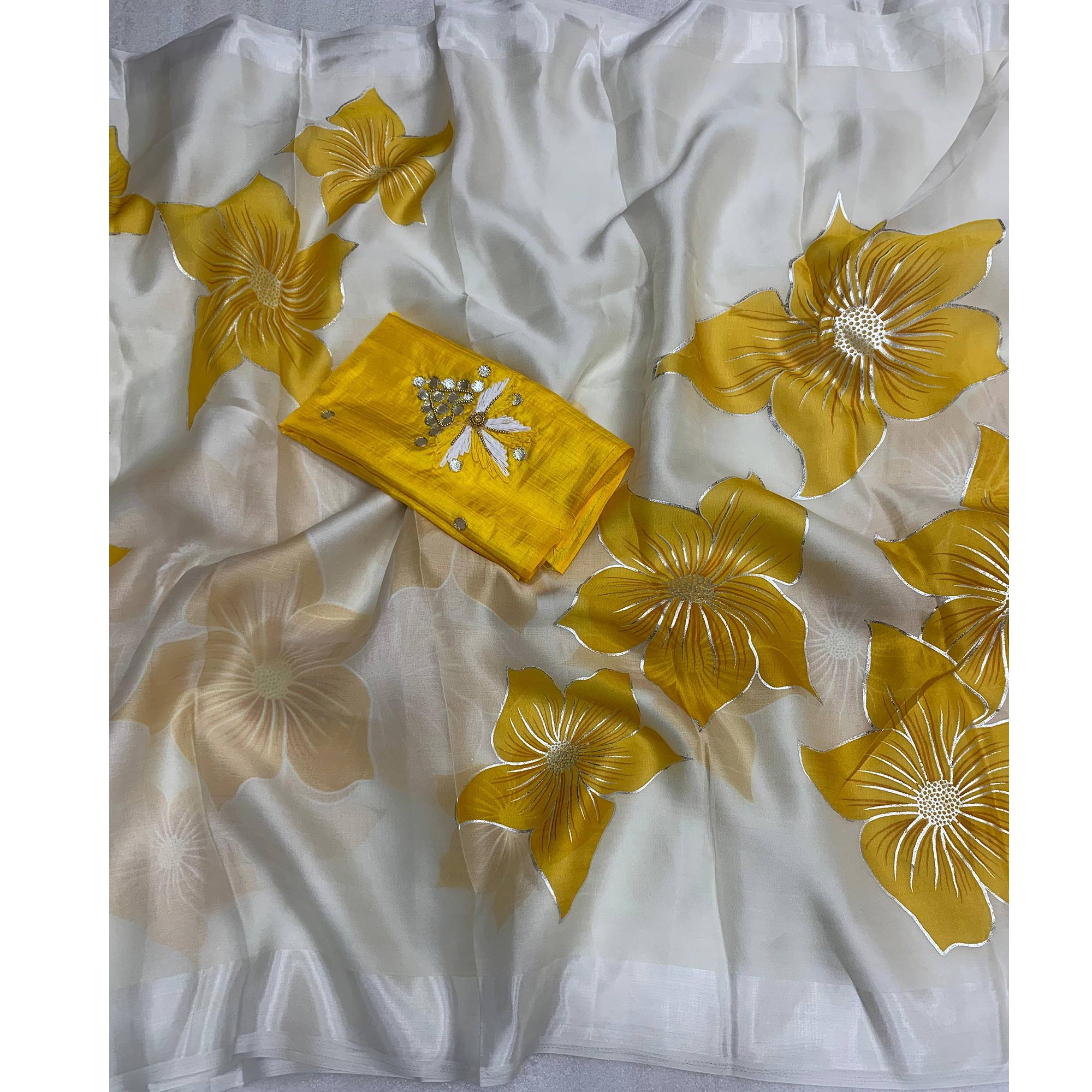White & Yellow Floral Foil Printed Organza Saree