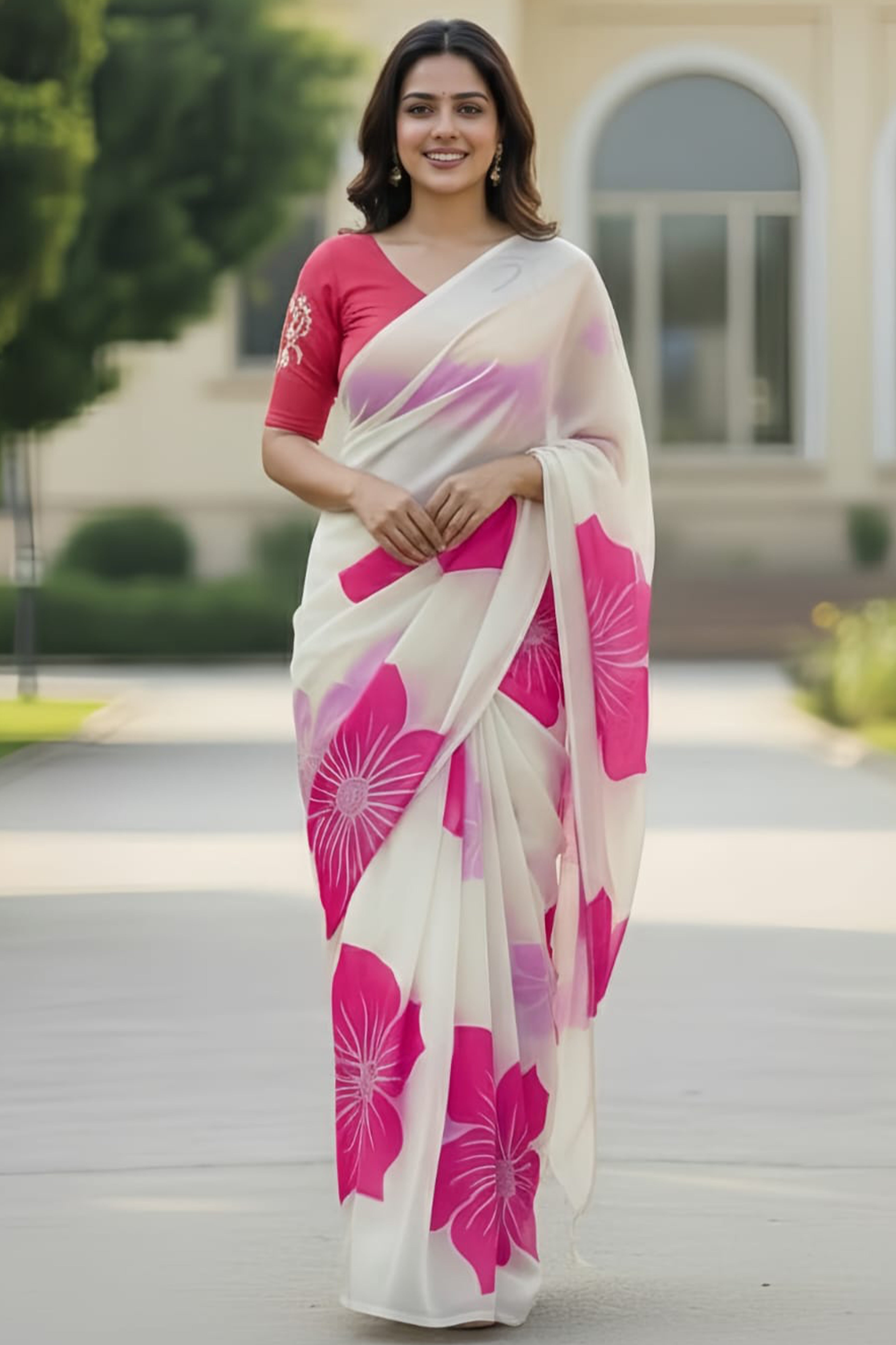 White & Pink Organza Saree Featuring Delicate Floral Foil Prints