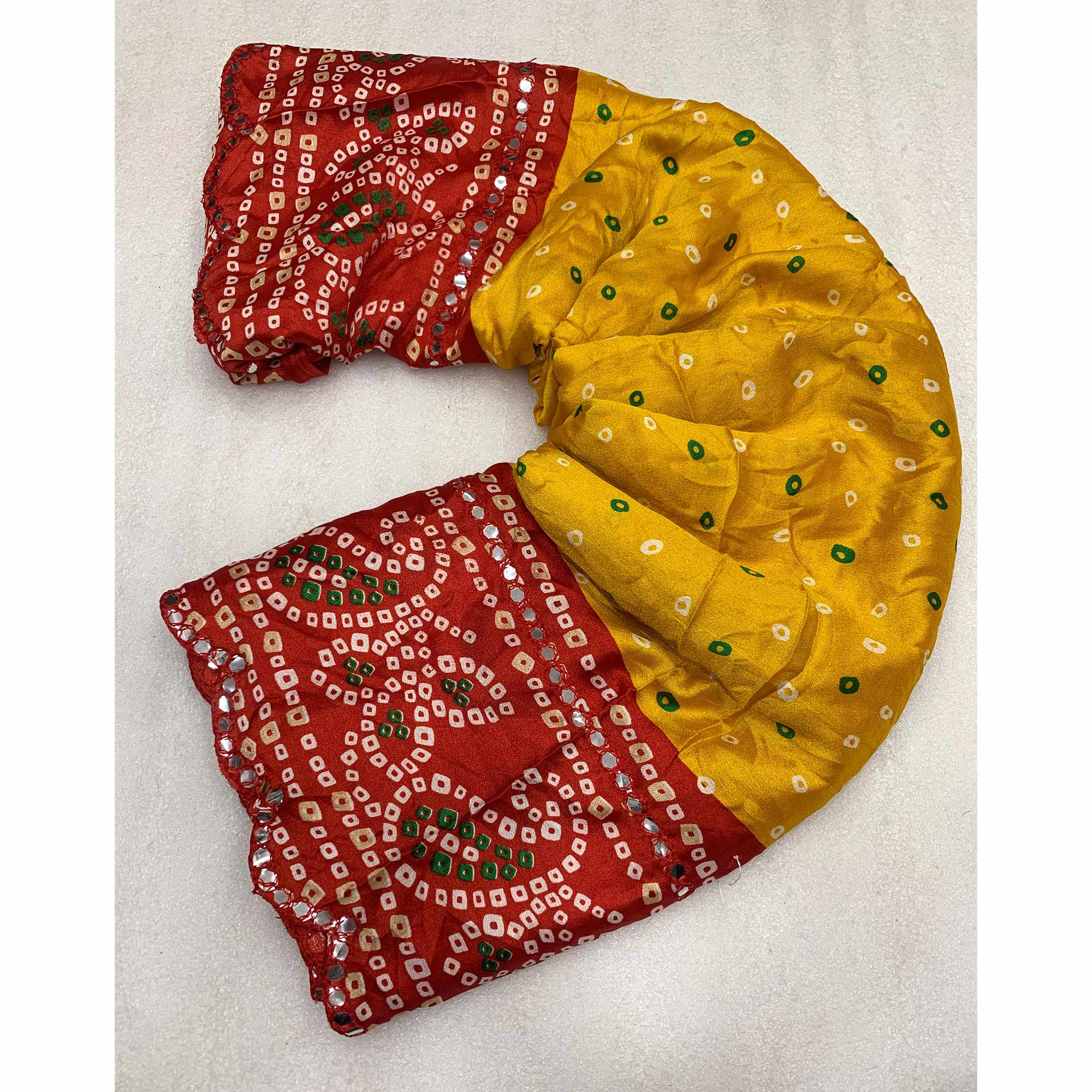 Yellow & Red Bandhani Printed Chiffon Saree With Mirror Border