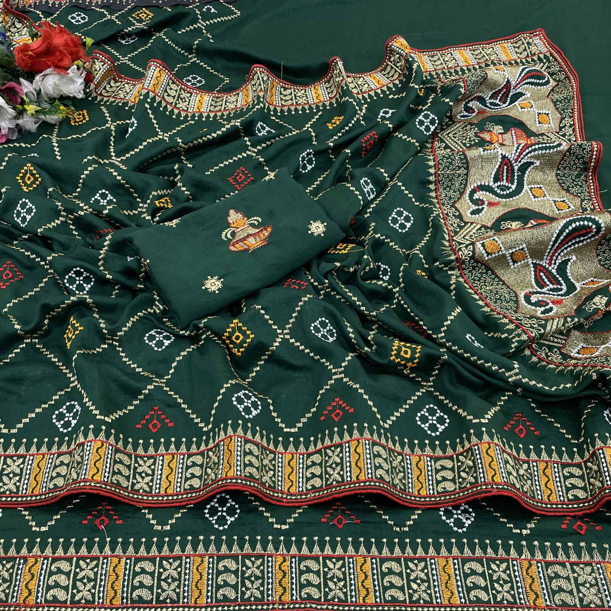 Bottle Green Embroidered Vichitra Silk Saree