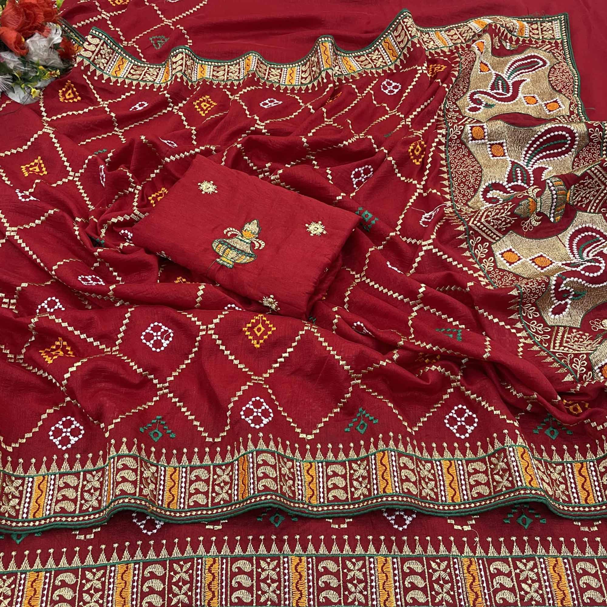 Maroon Embroidered Vichitra Silk Saree