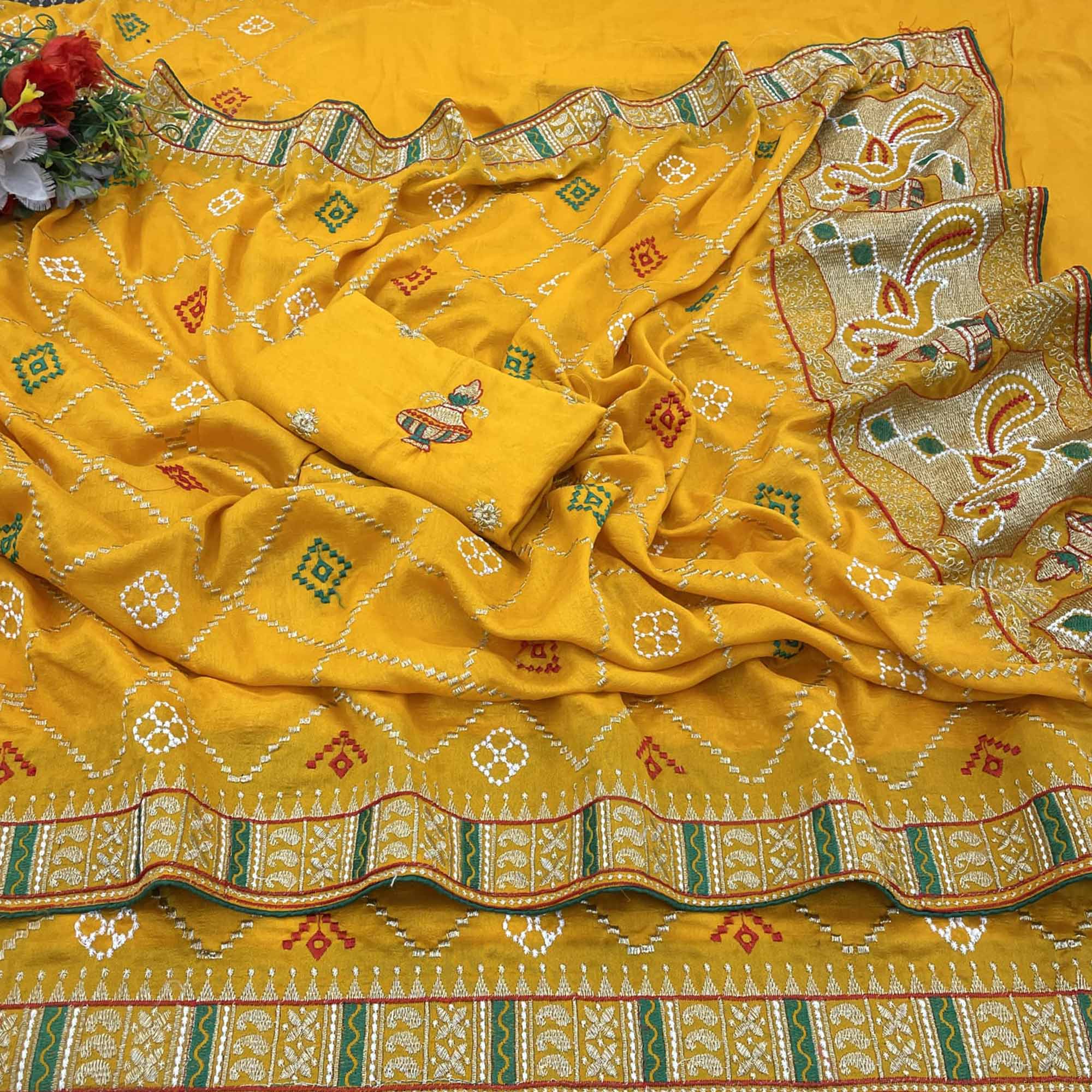 Mustard Embroidered Vichitra Silk Saree