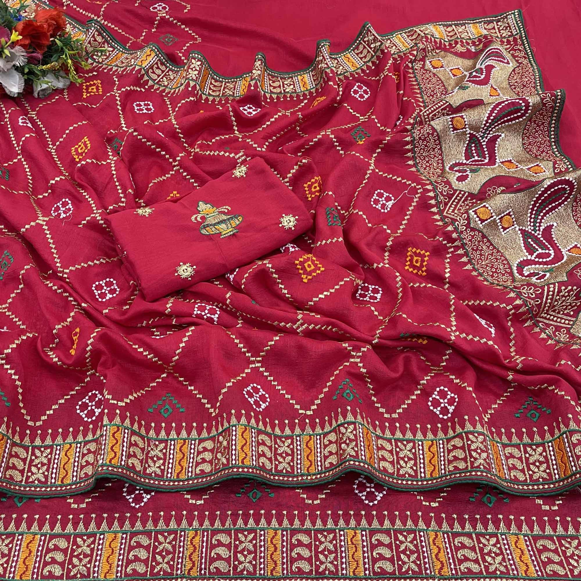 Pink Embroidered Vichitra Silk Saree