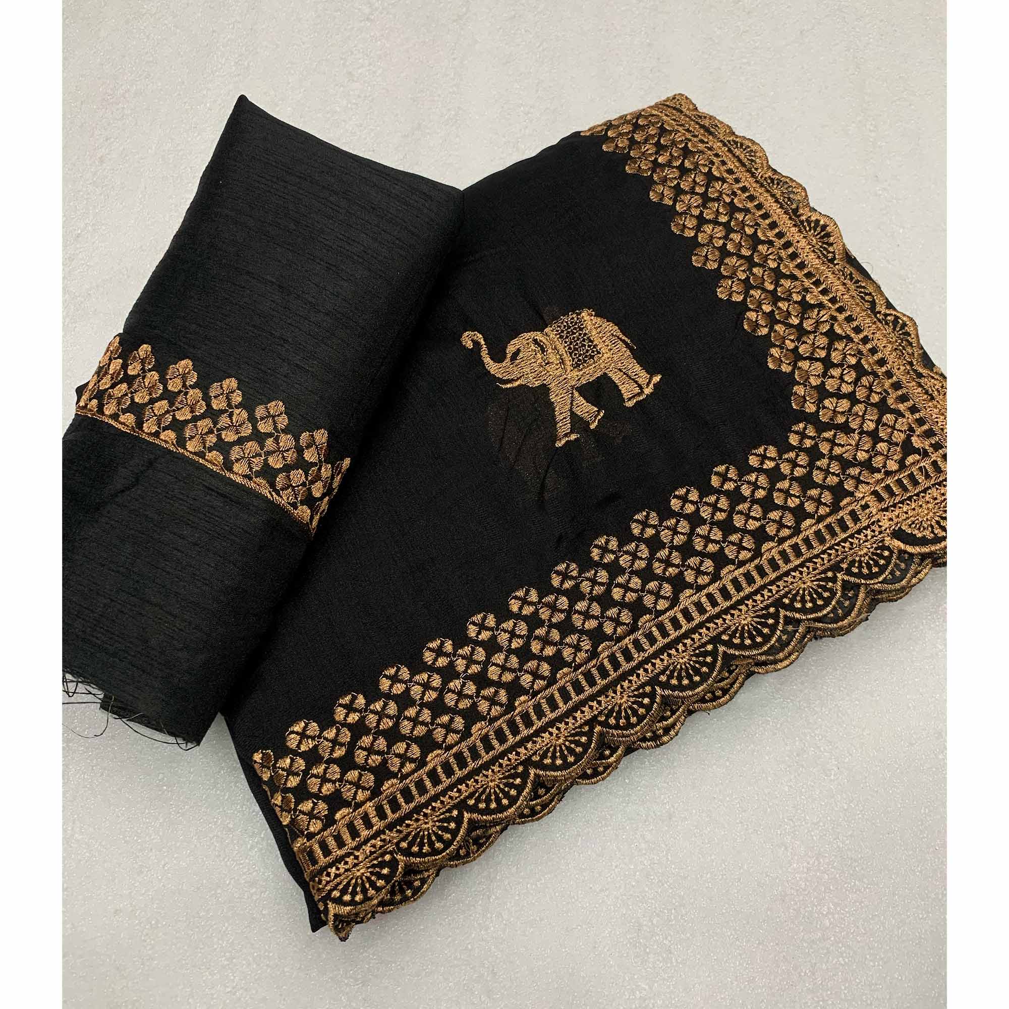 Black Embroidered Vichitra Silk Saree