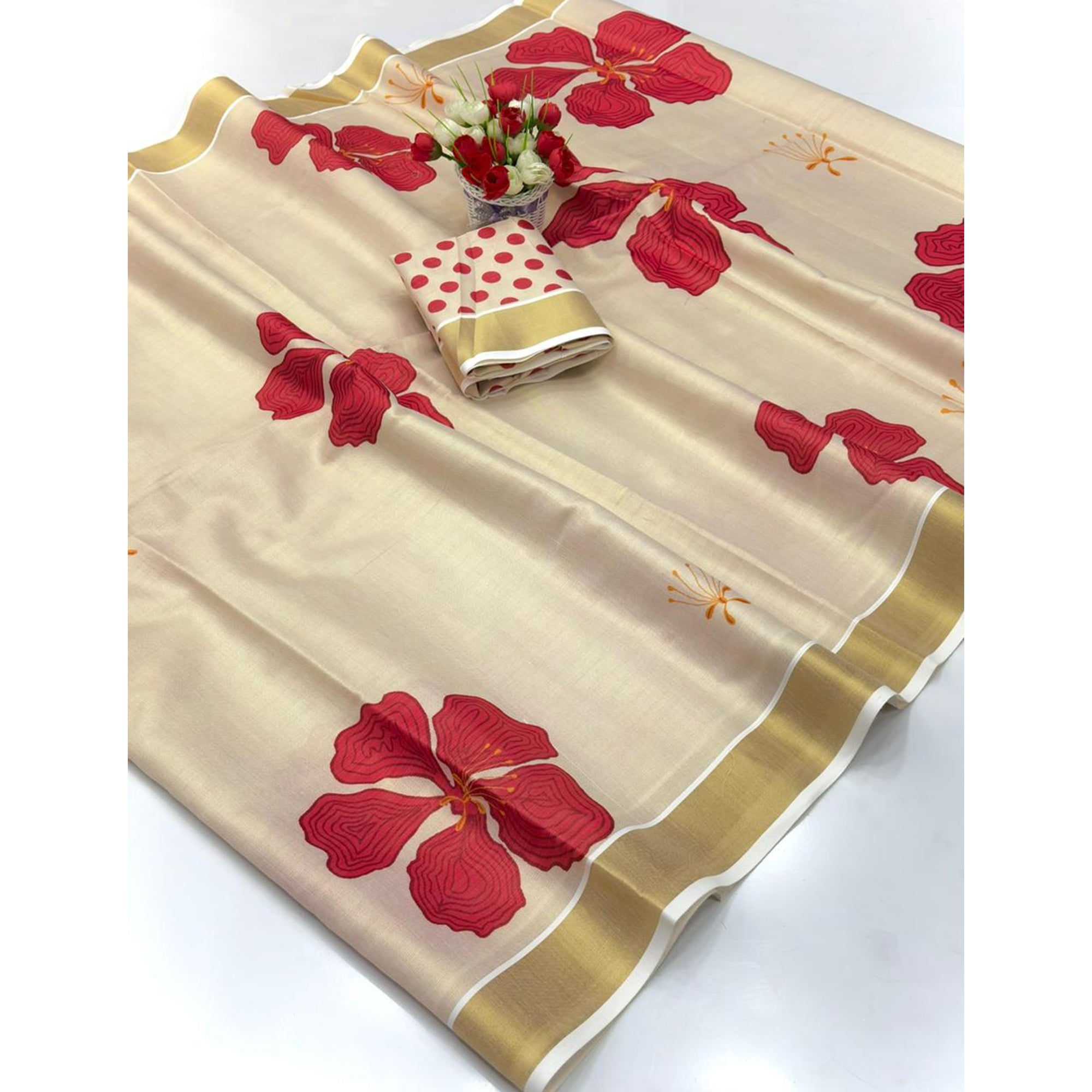 Chikoo Floral Mill Printed Cotton Silk Saree With Elegant Zari Weaving Border Work