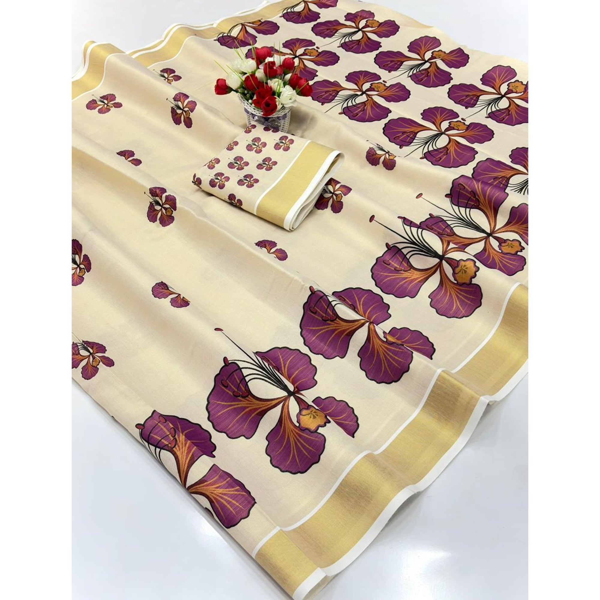 Chikoo Cotton Silk Saree Adorned With Floral Mill Print & Rich Zari Weaving Border Work