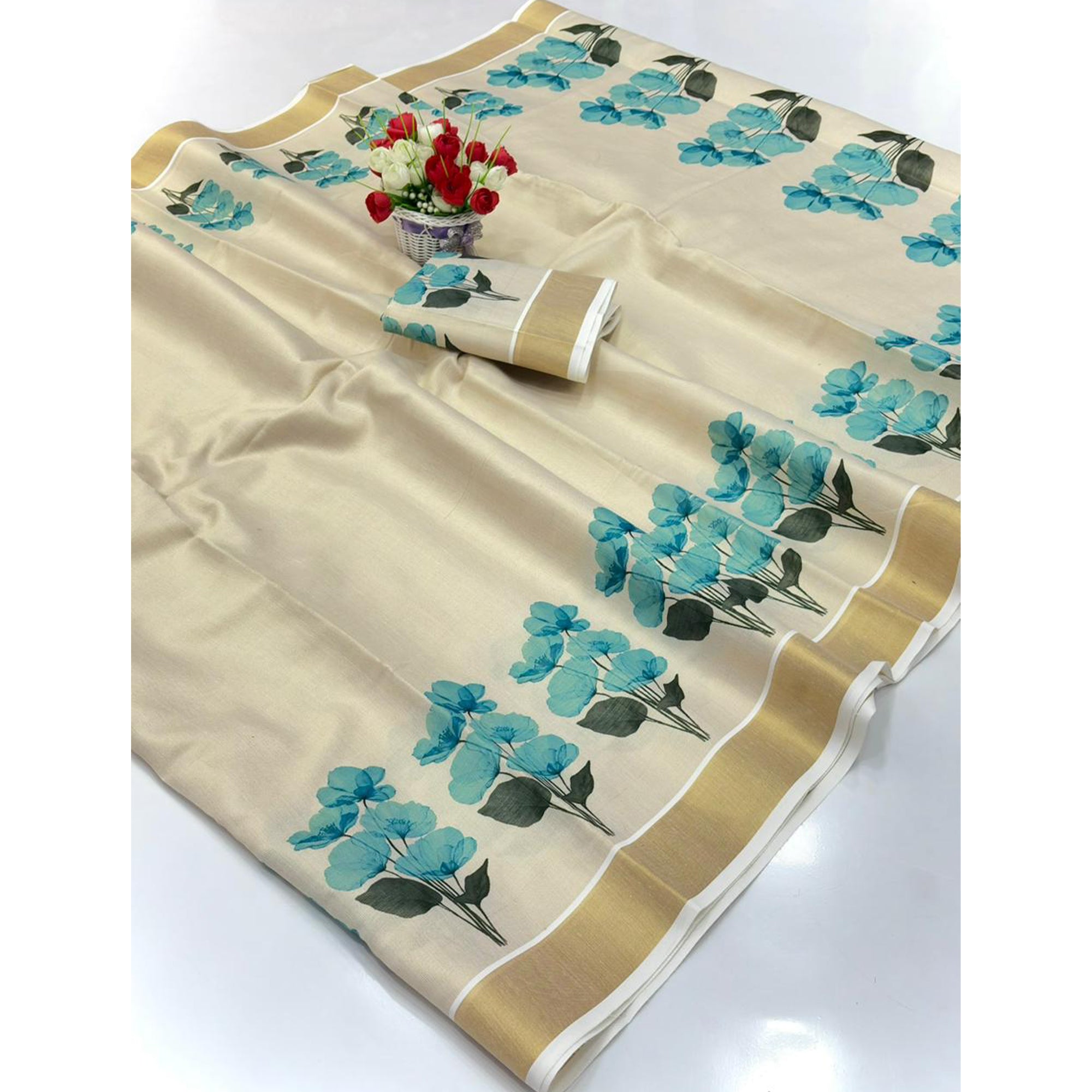 Chikoo Mill Printed Floral Cotton Silk Saree Featuring Traditional Zari Weaving Border