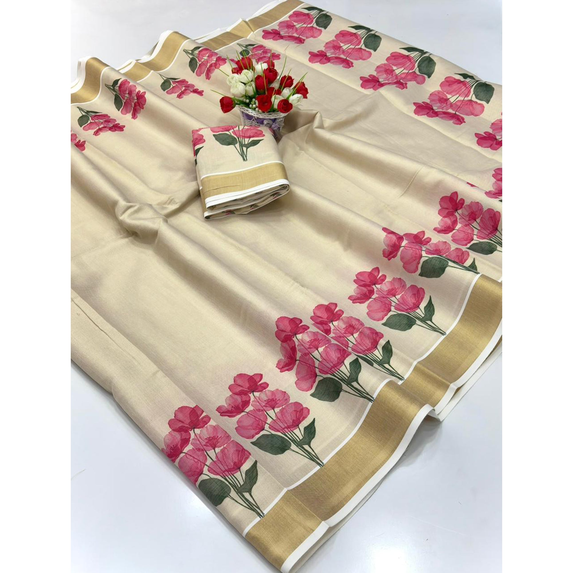 Chikoo Floral Mill Printed Cotton Silk Saree With Handcrafted Zari Weaving Border Work